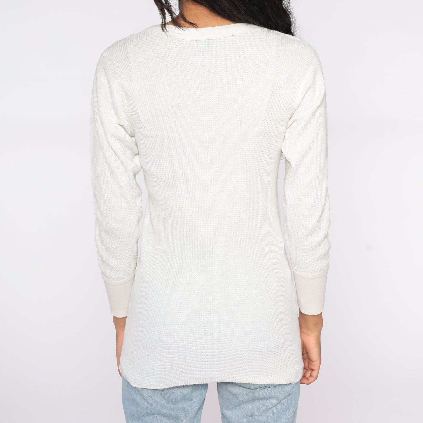80s White Waffle Knit Thermal Long Sleeve Undershirt Medium