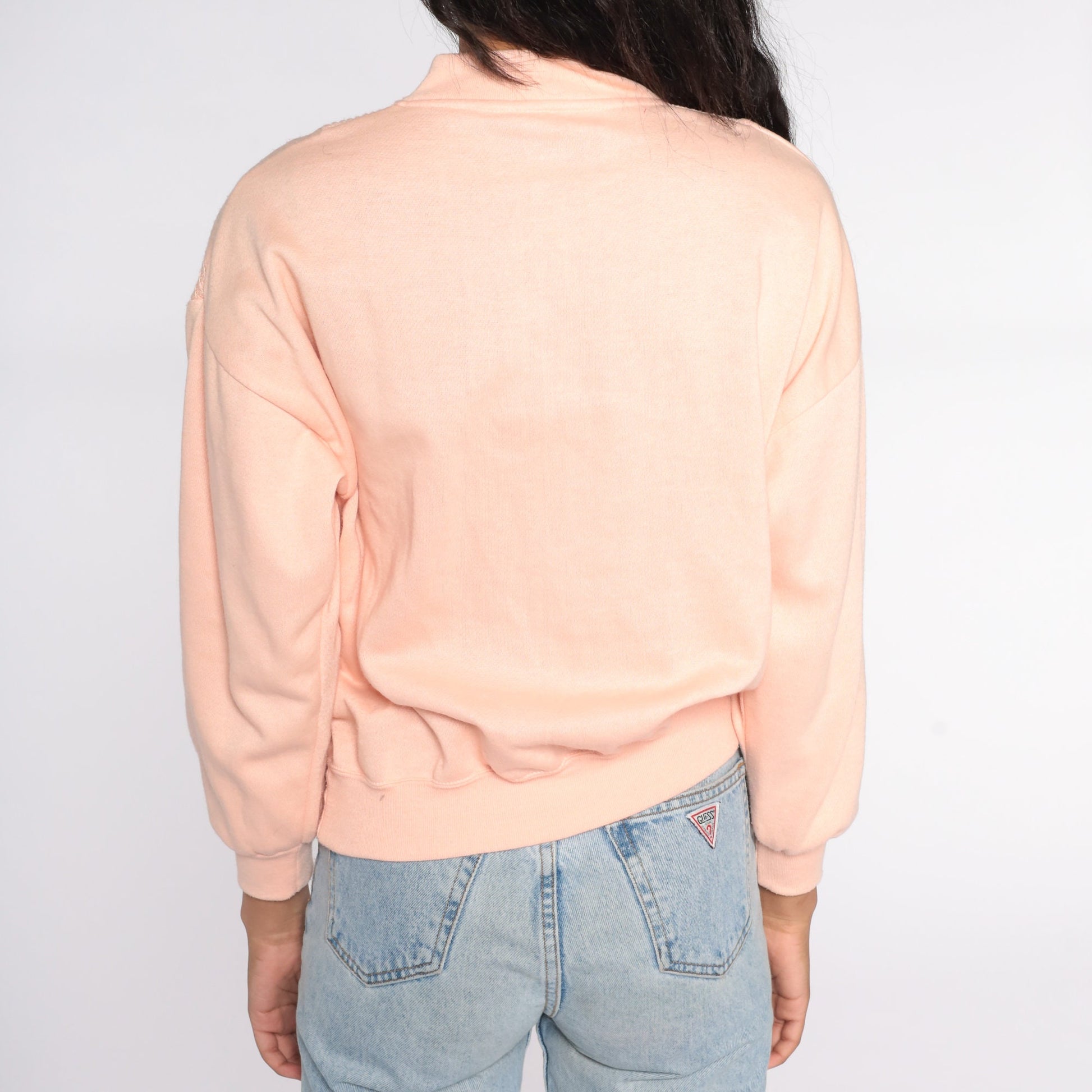 80s Peach Henley Sweatshirt Button Neck Long Sleeve Knit Small S