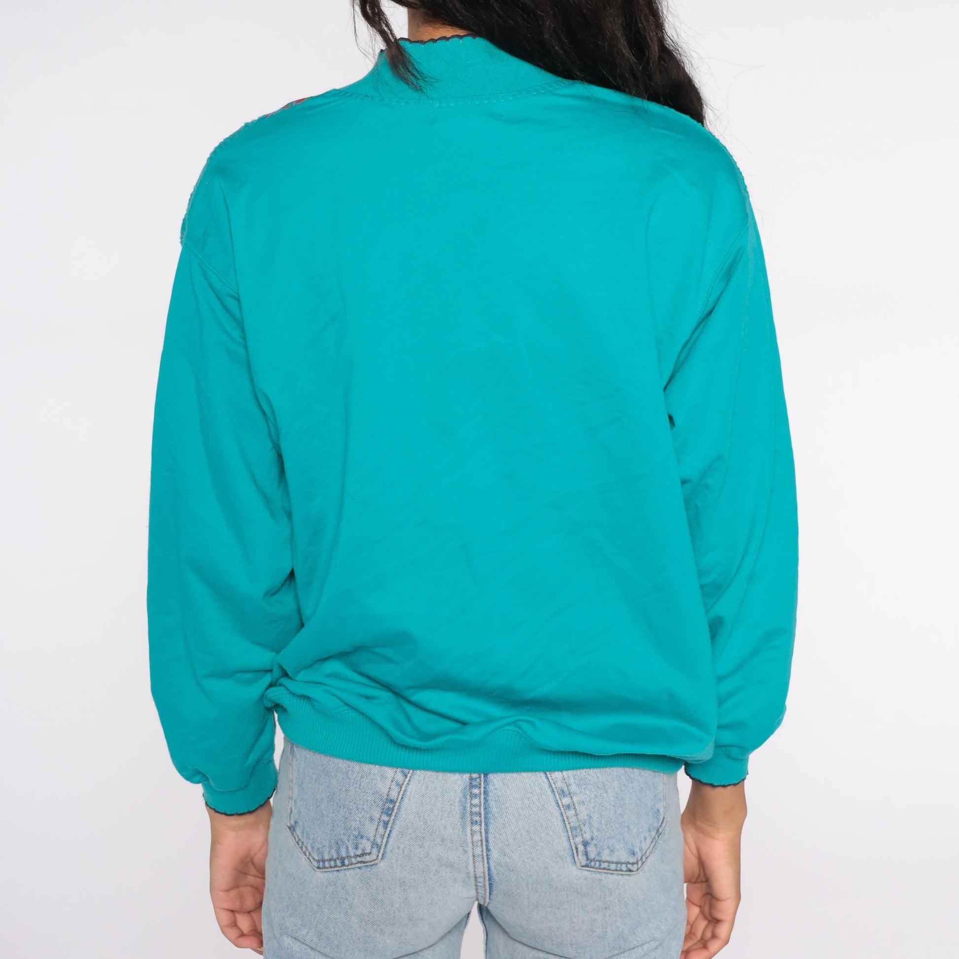 80s Teal Geometric Necklace Print Sweatshirt Scalloped Collar Medium