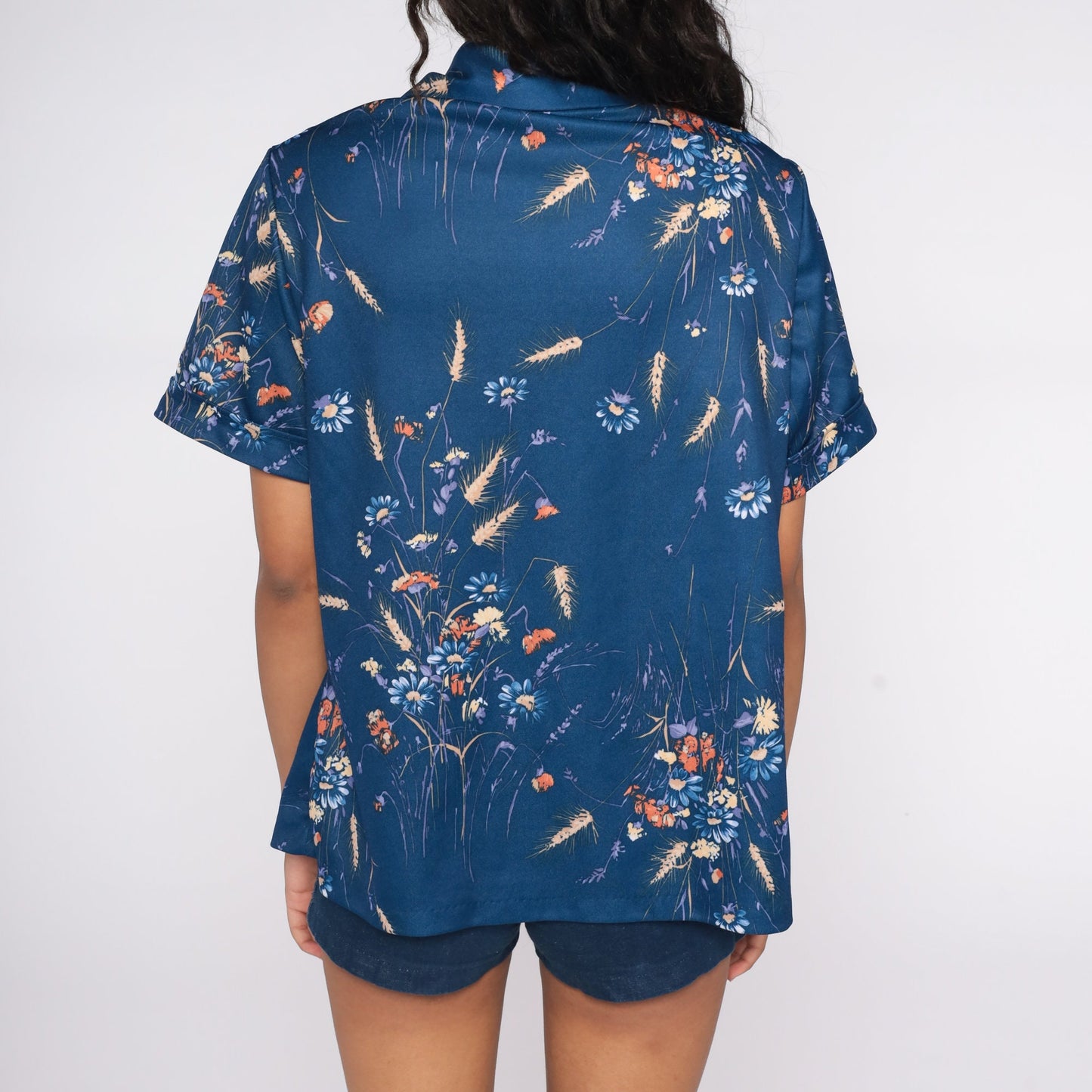 70s Navy Floral Button-Up Blouse Dagger Collar Short Sleeve Large L