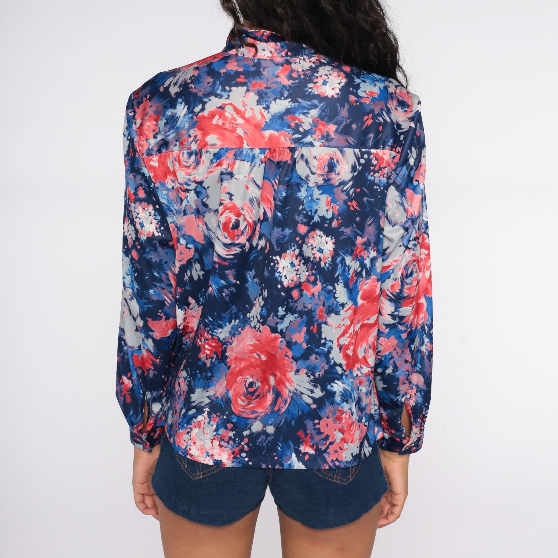 70s Watercolor Rose Print Button-Up Shirt Blue Red Long Sleeve Large