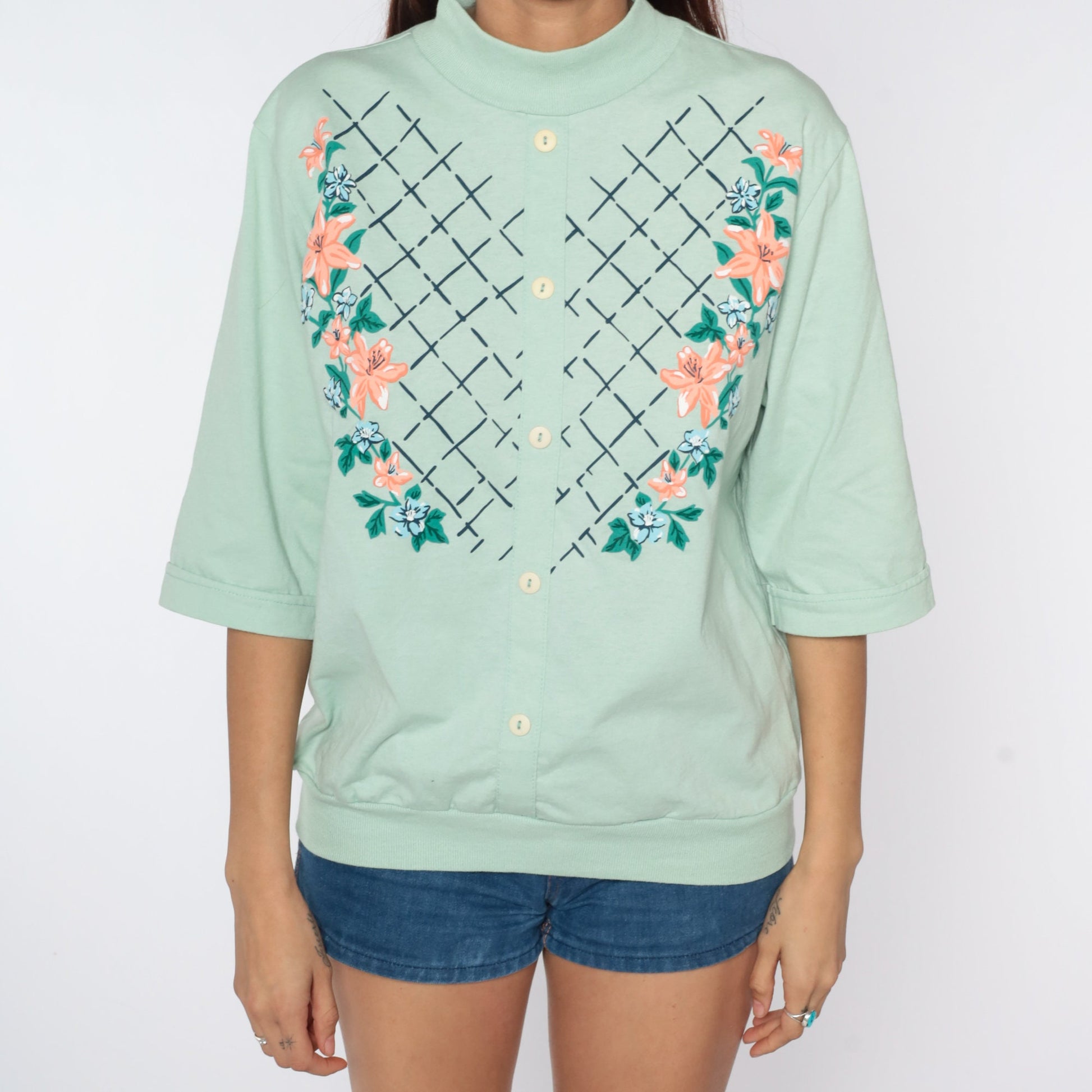 80s Floral Mint Green Shirt 3/4 Sleeve Loose Fit Blouse Large L