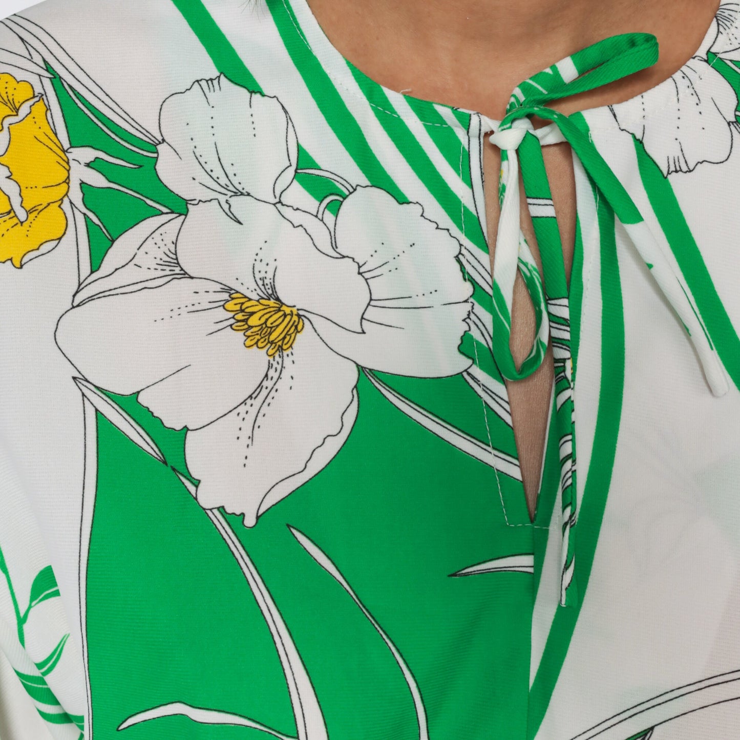 70s Floral Keyhole Blouse Green White Neck Tie Shirt Medium