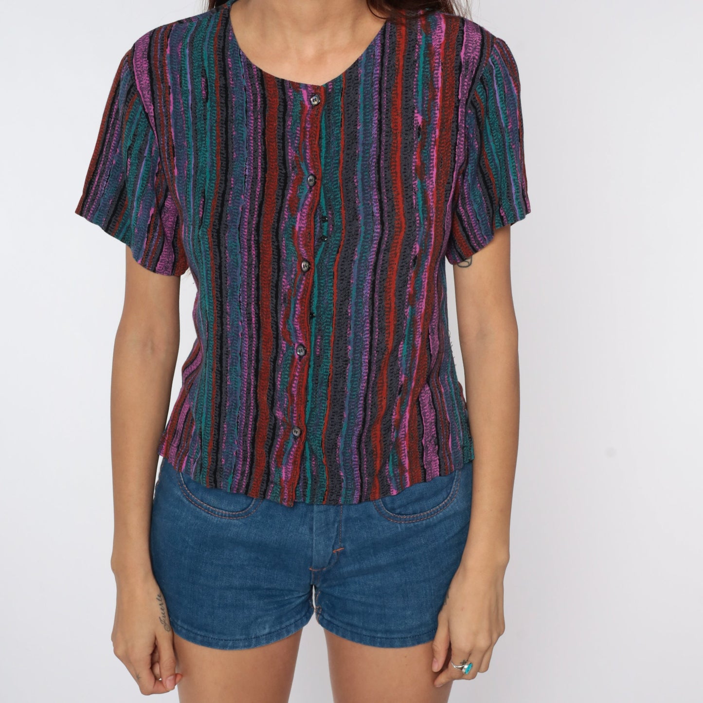 90s Striped Button-Up Shirt Purple Teal Green Pink Short Sleeve Small
