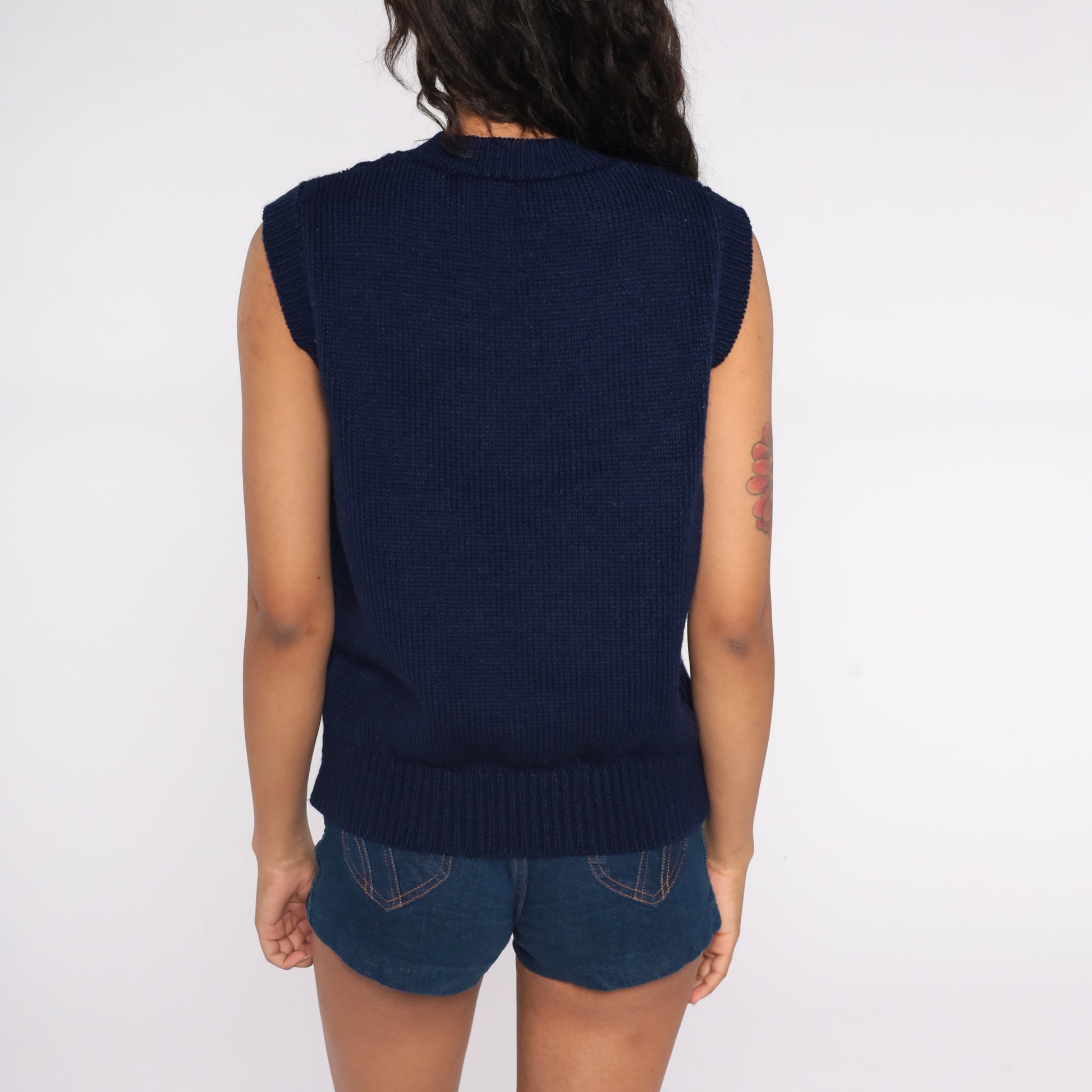 80s Navy Cable Knit Sweater Vest Sleeveless V-Neck Medium