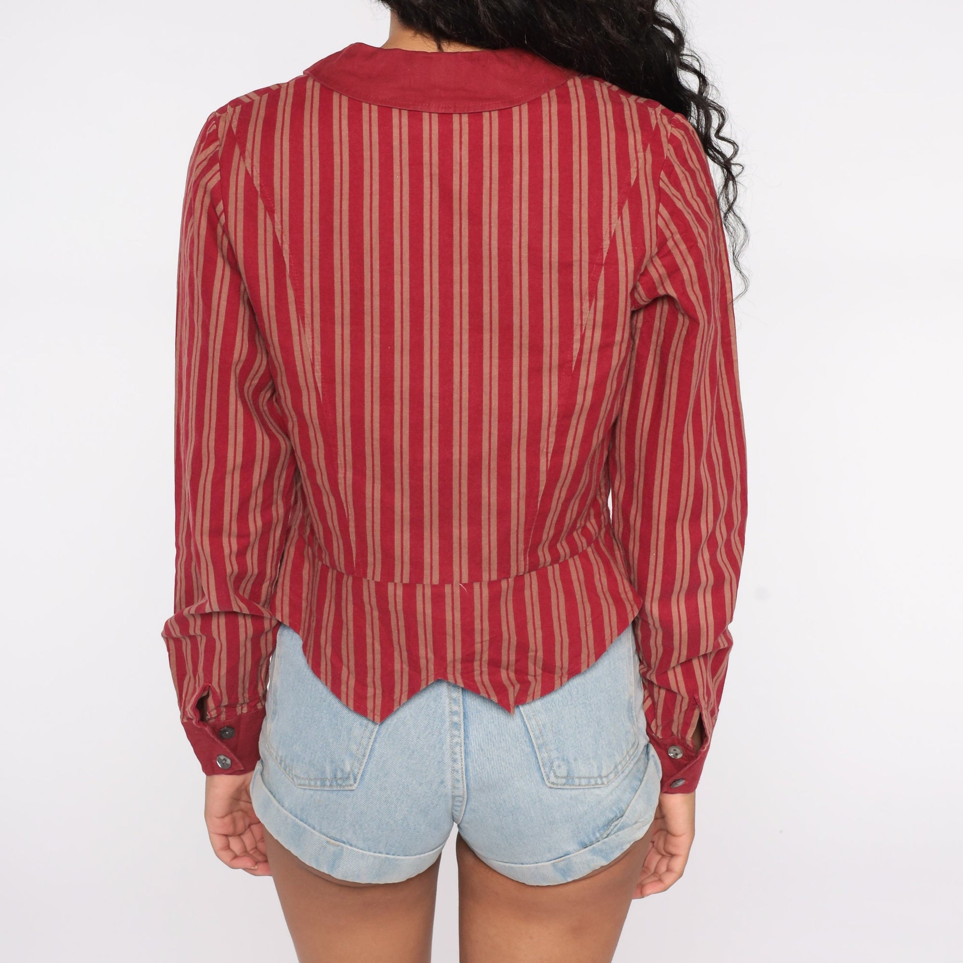 80s Laura Ashley Cotton Striped Button-Up Blouse Chelsea Collar Red Medium