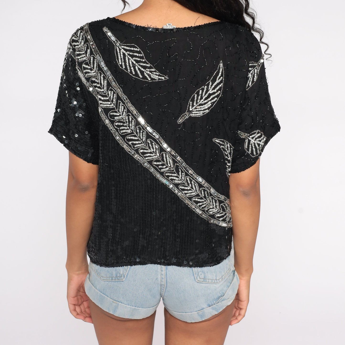 80s Black Silk Sequin Beaded Blouse Silver Leaf Print Disco Top Medium