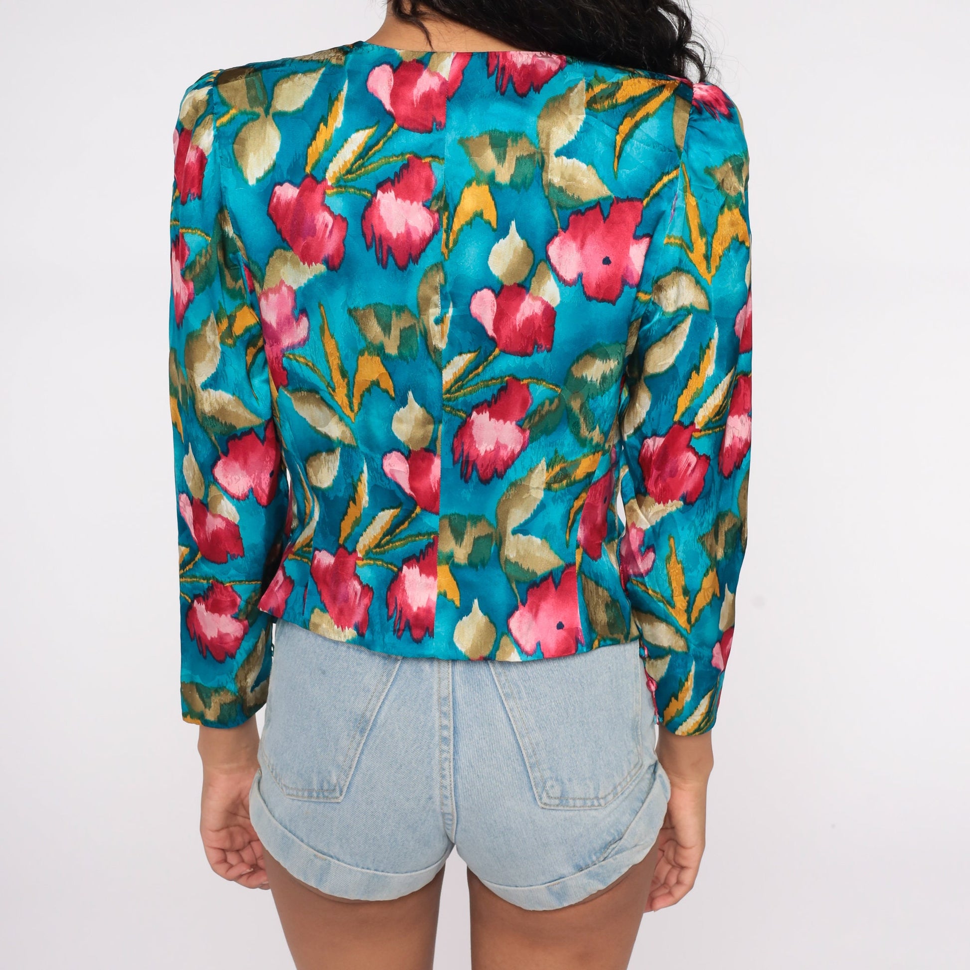 80s Blue Floral Silk Button-Up Blouse Puff Sleeve Medium