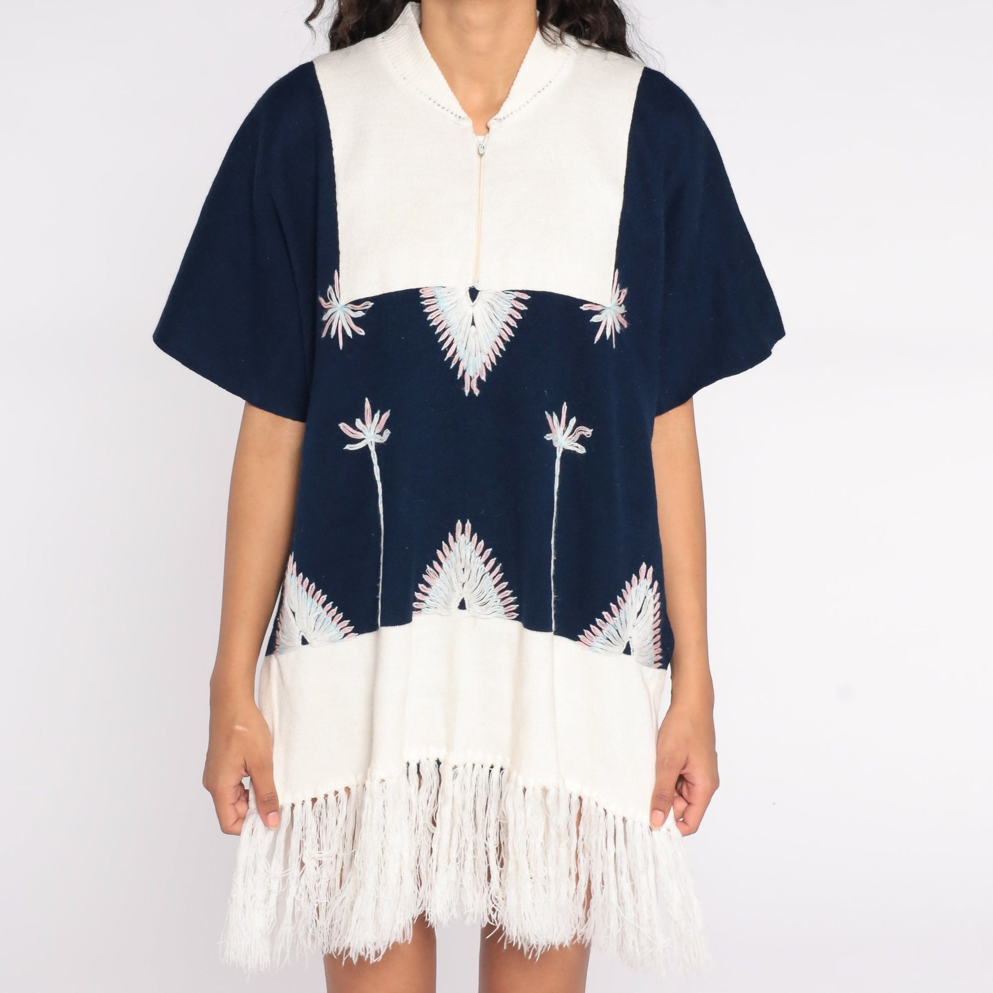 70s Navy Knit Poncho Sweater Floral Embroidery Fringe Shawl Medium Large