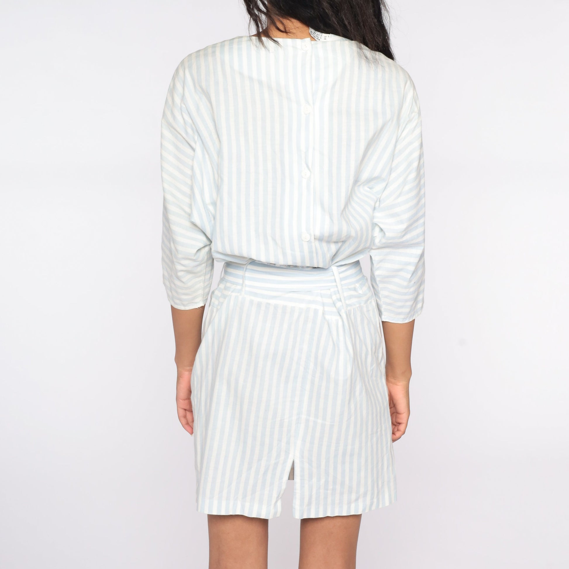 80s Striped Mini Dress White Blue 3/4 Sleeve High Waisted Medium