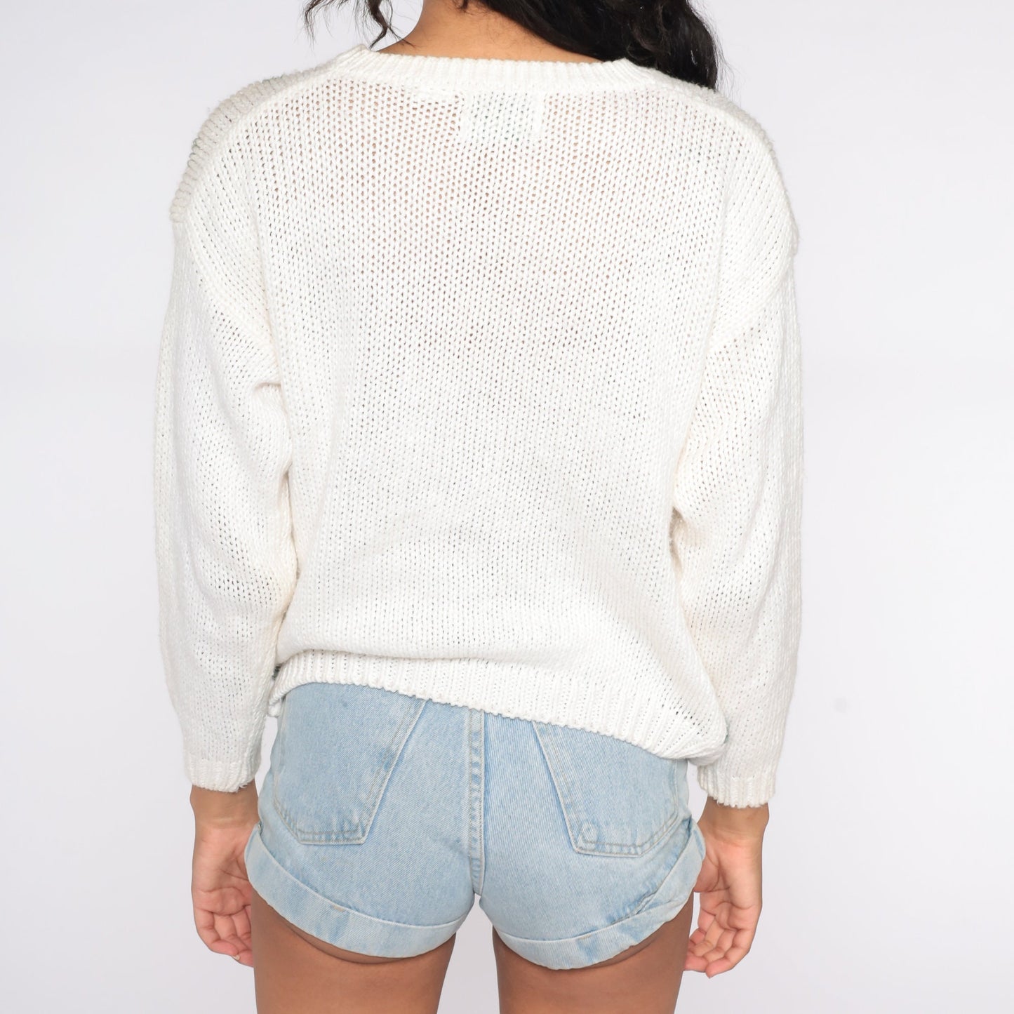 90s White Embroidered Rose Knit Sweater Checkered Argyle Pullover Medium