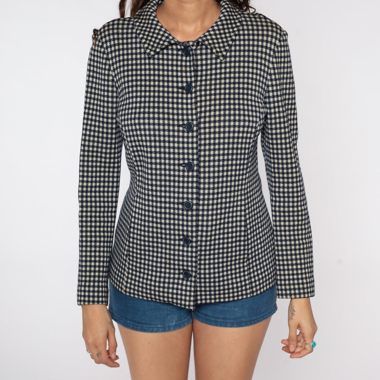 60s Navy Plaid Wool Blazer Jacket Mod Checkered Small