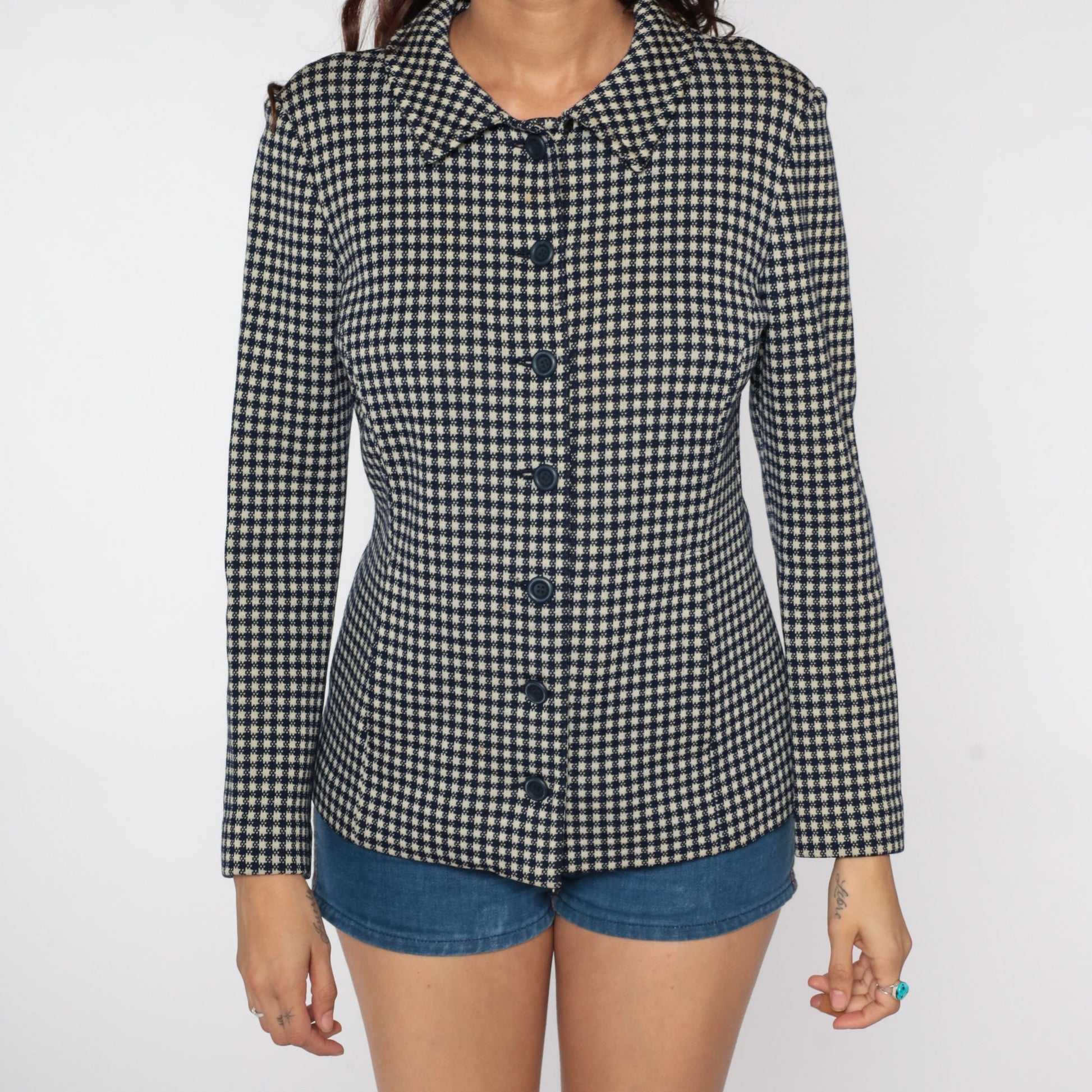 60s Navy Plaid Wool Blazer Jacket Mod Checkered Small