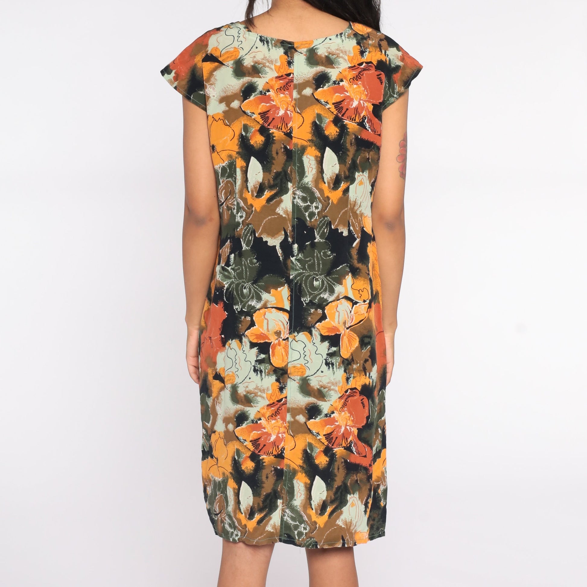 90s Floral Midi Dress Rayon Short Sleeve Sheath Green Yellow Medium Large