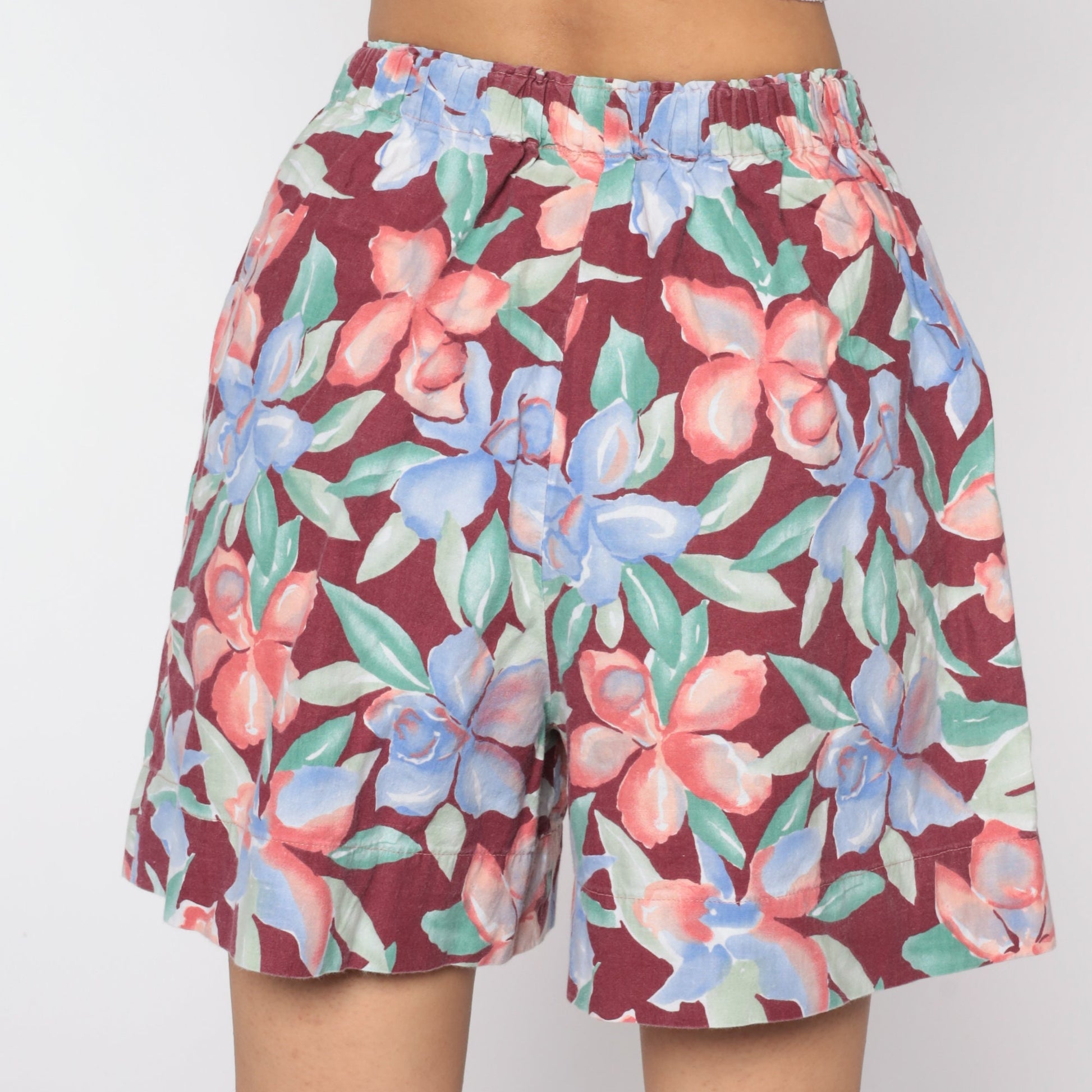 90s Floral High-Waist Baggy Shorts Burgundy Wide Leg Small Medium
