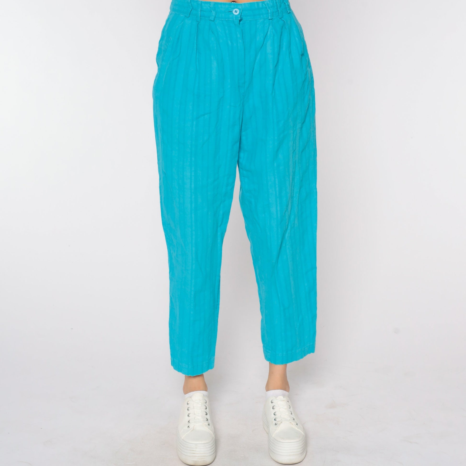 90s Turquoise High-Waisted Pleated Tapered Trousers Medium 29