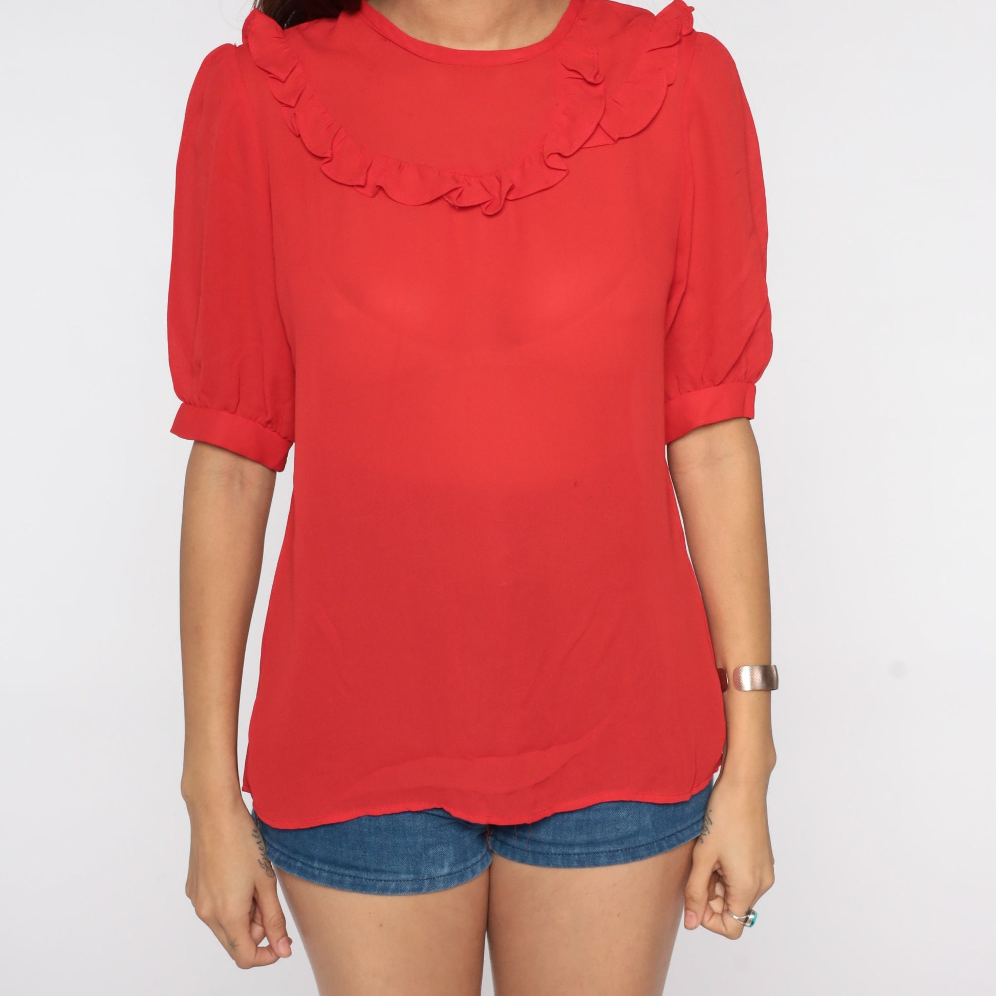 80s Red Sheer Blouse Ruffled Neckline Puff Sleeve Button Back Medium