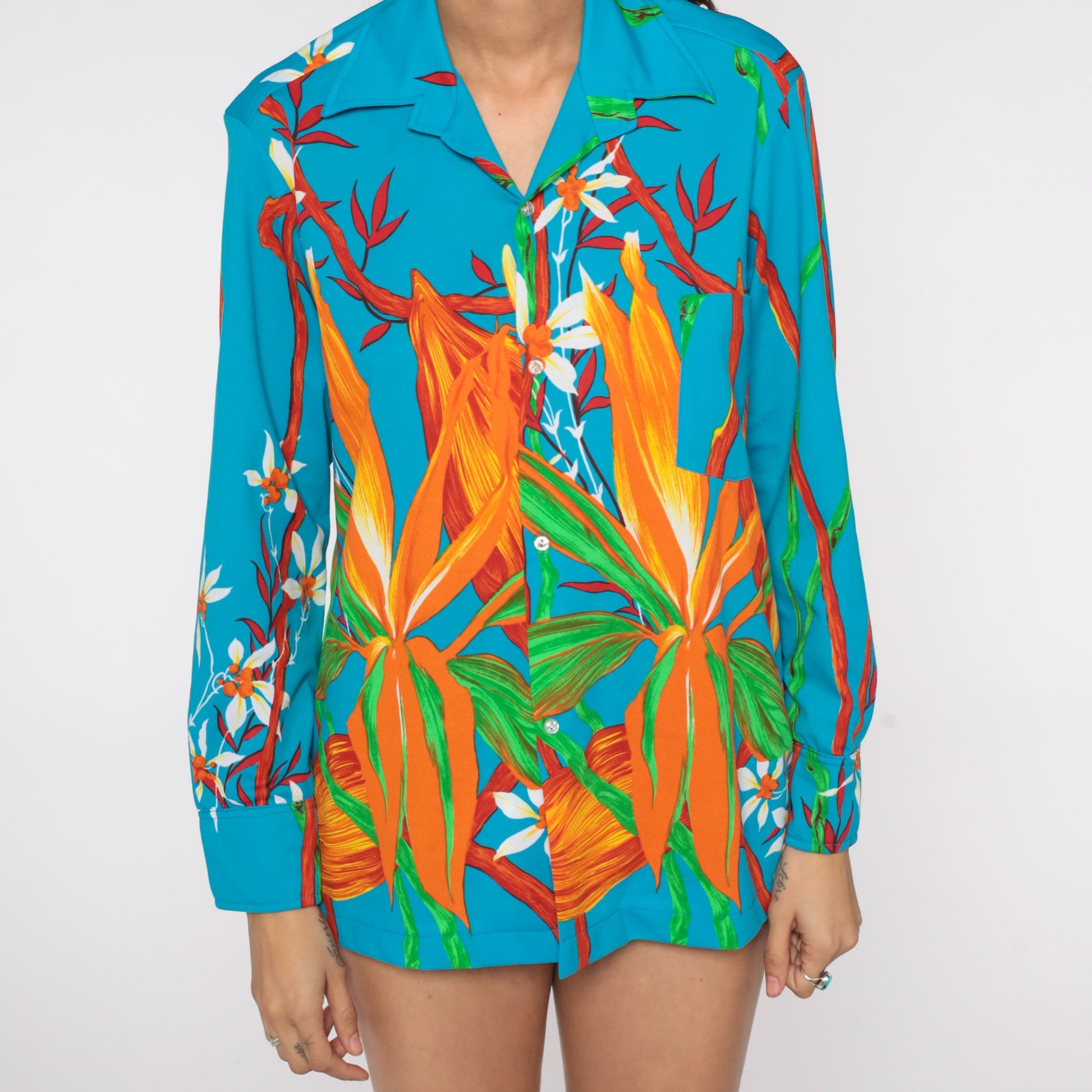 70s Blue Floral Button-Up Shirt Pointed Collar Long Sleeve Unisex Medium Large