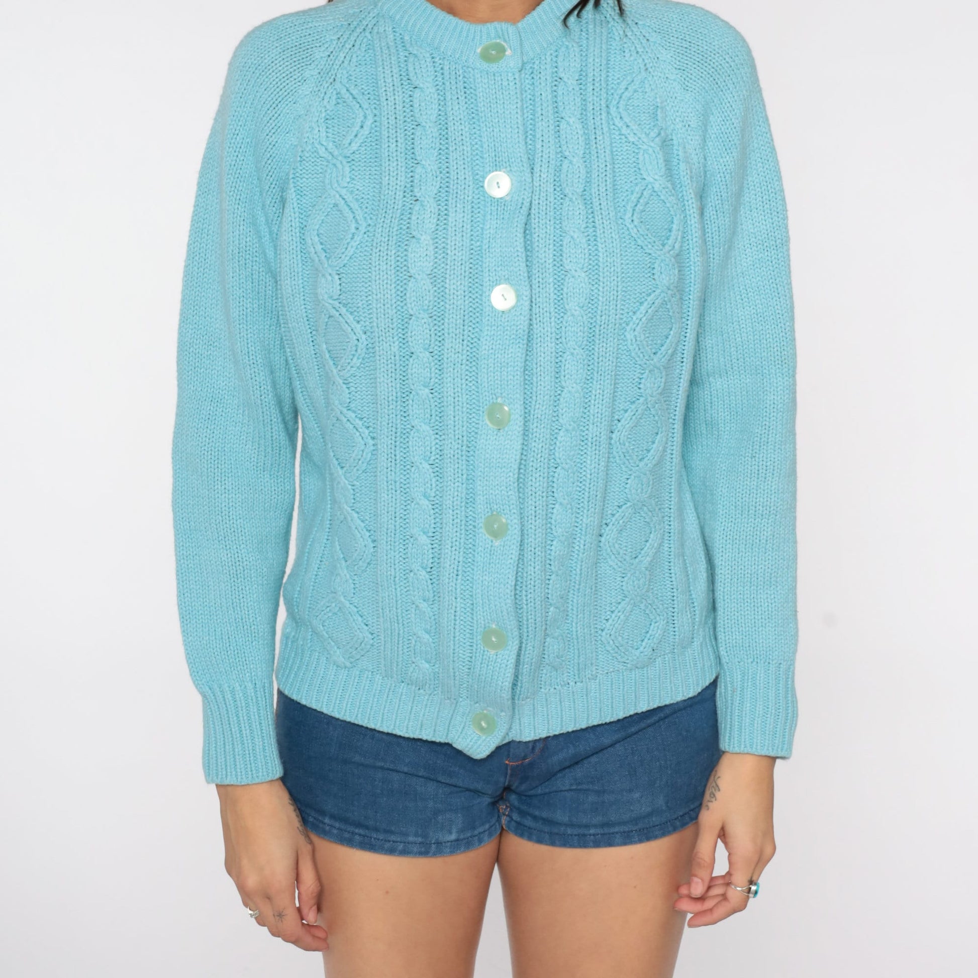 70s Cable Knit Cardigan Baby Blue Button-Up Raglan Sweater Large