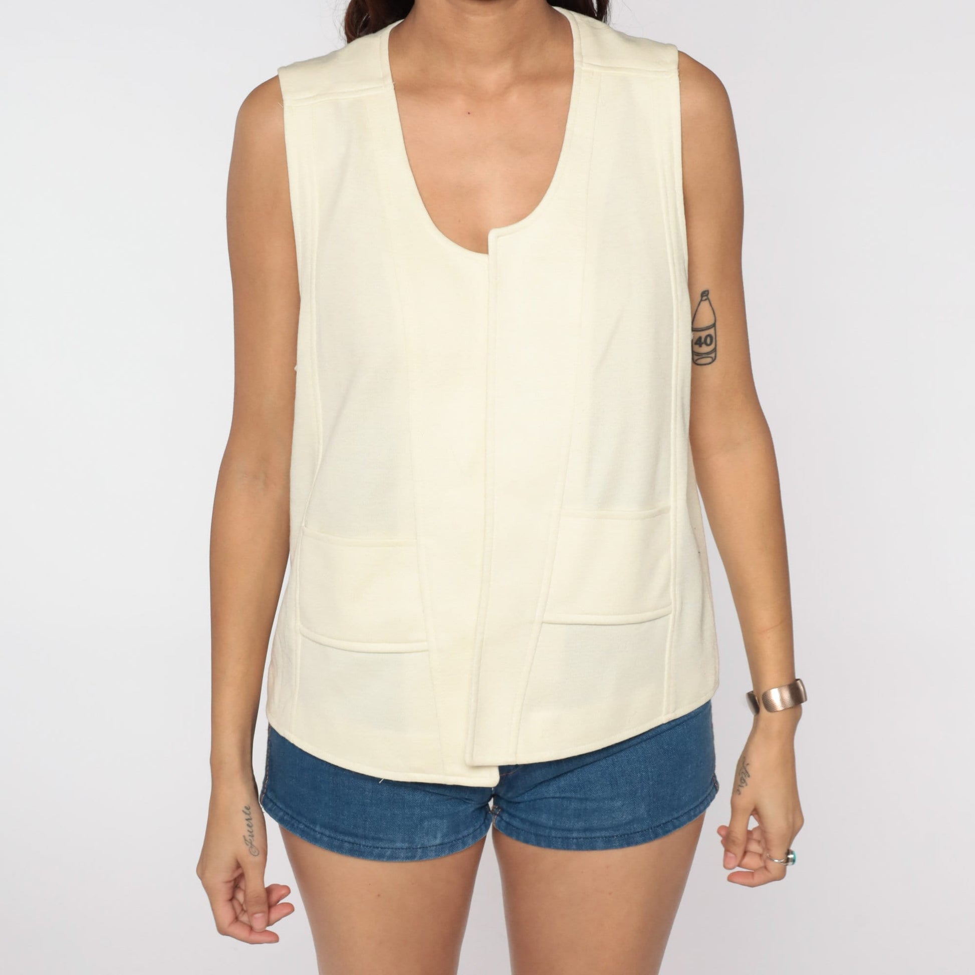 70s Cream Open Front Sleeveless Vest Large L