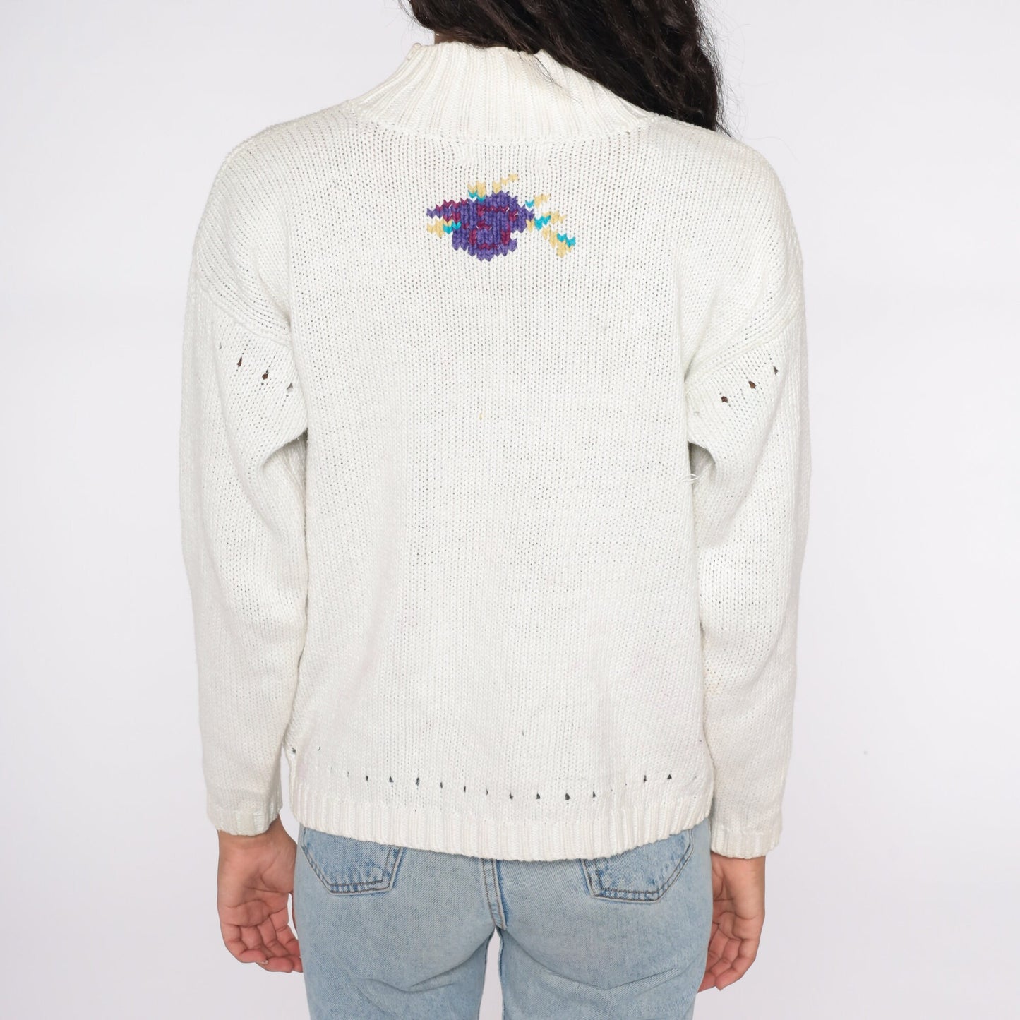 90s White Floral Mock Neck Sweater Cotton Ramie Knit Pullover Medium