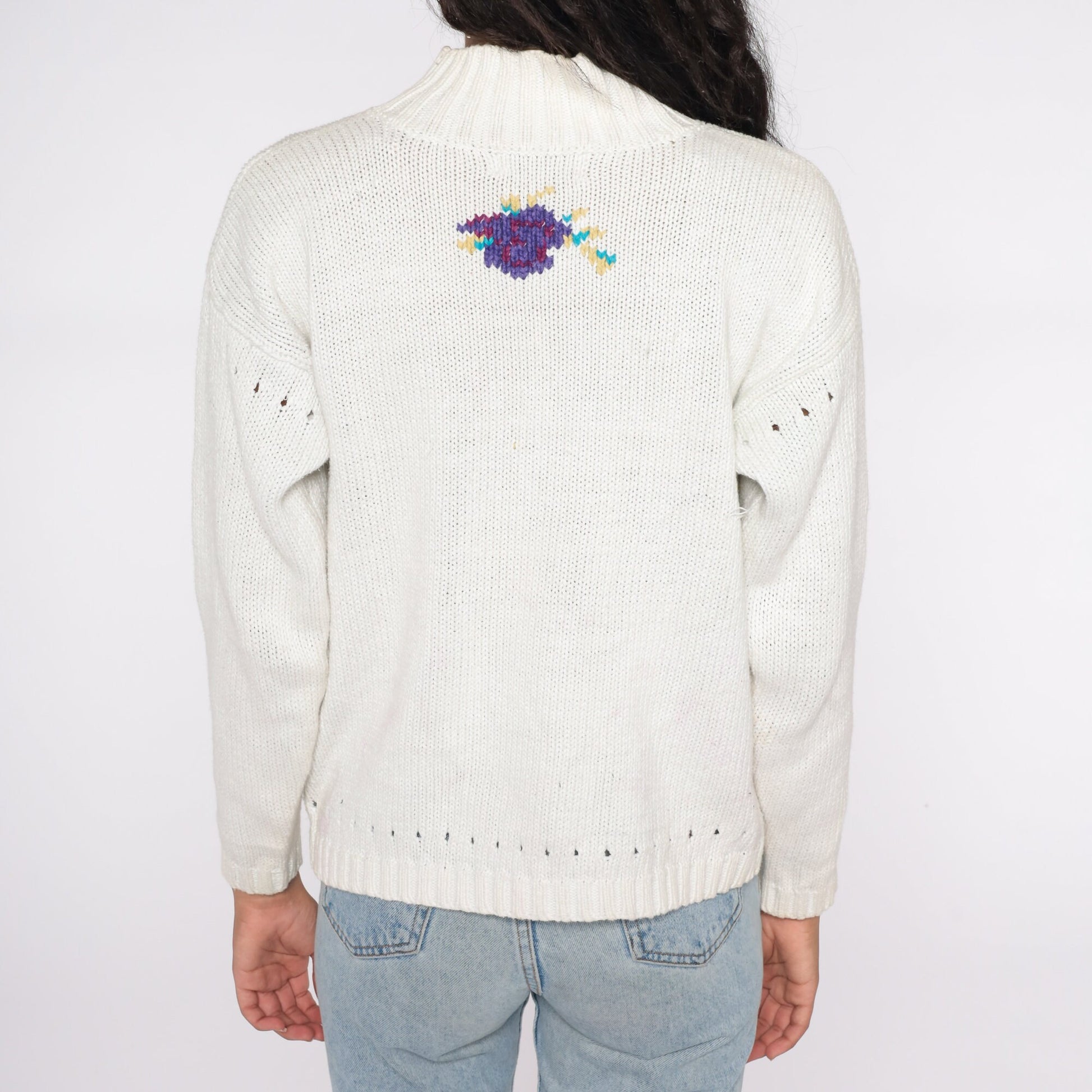 90s White Floral Mock Neck Sweater Cotton Ramie Knit Pullover Medium