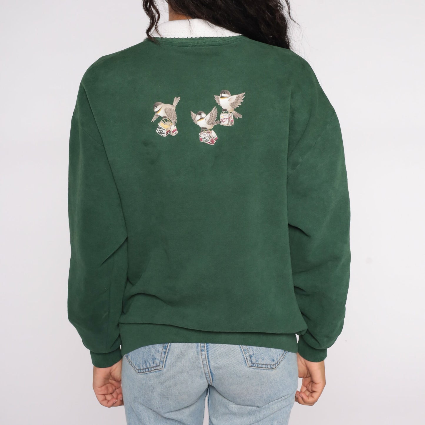 90s Bird Graphic Sweatshirt Green Collared Crewneck Large