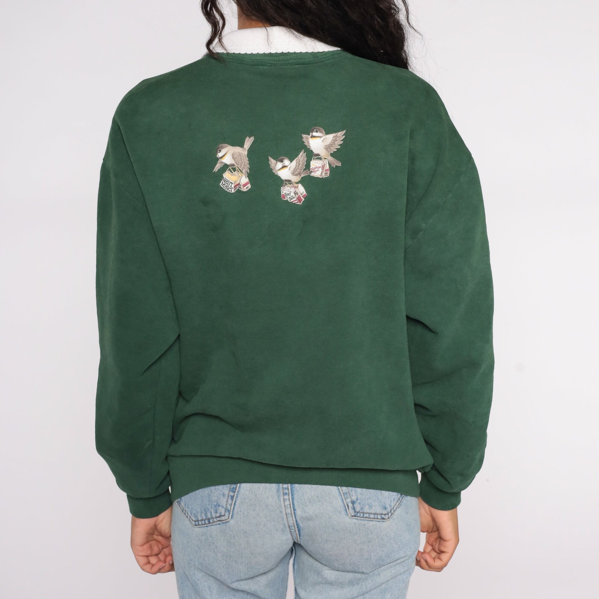 90s Bird Graphic Sweatshirt Green Collared Crewneck Large