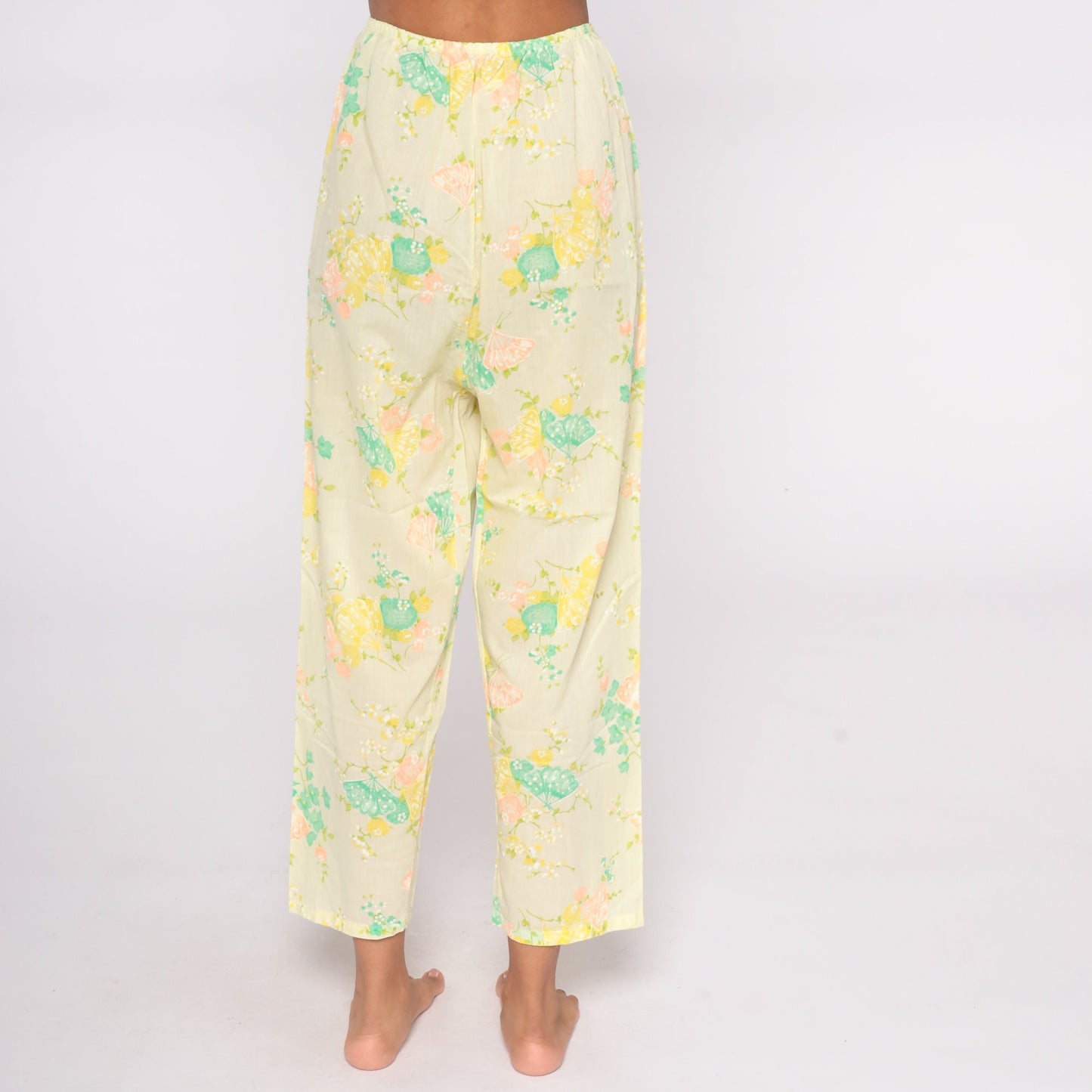 70s Yellow Floral Wide Leg Pants Butterfly Print High Waist Small Medium