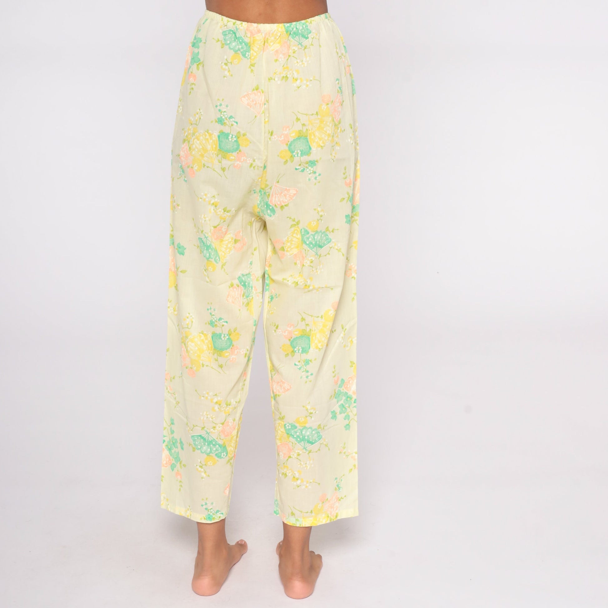 70s Yellow Floral Wide Leg Pants Butterfly Print High Waist Small Medium