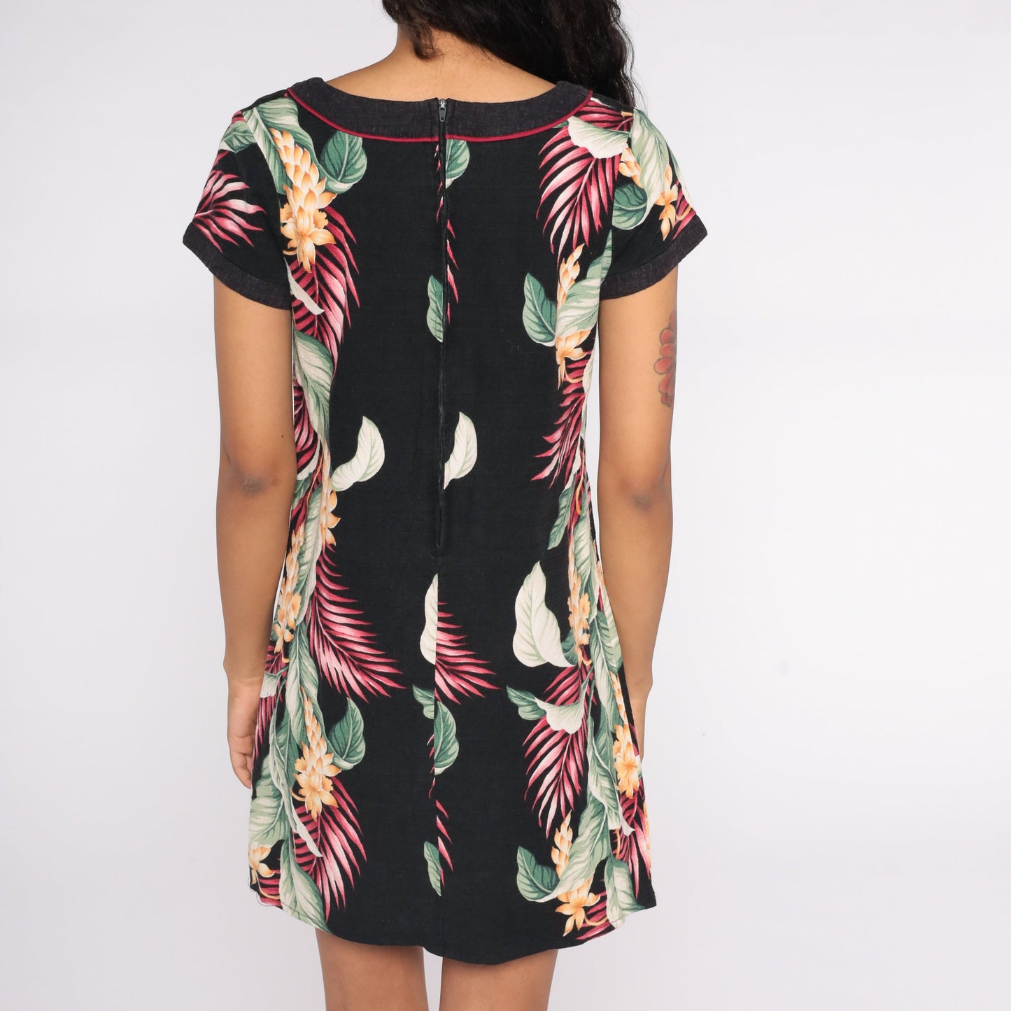 80s Hawaiian Floral Mini Dress Black Shift Button-Up Short Sleeve Small