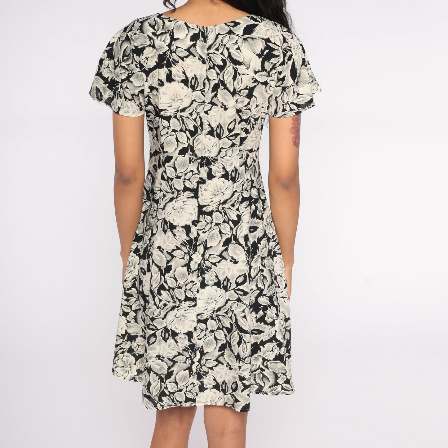 90s Floral Mini Dress Flutter Sleeve Black Off-White Empire Waist Small