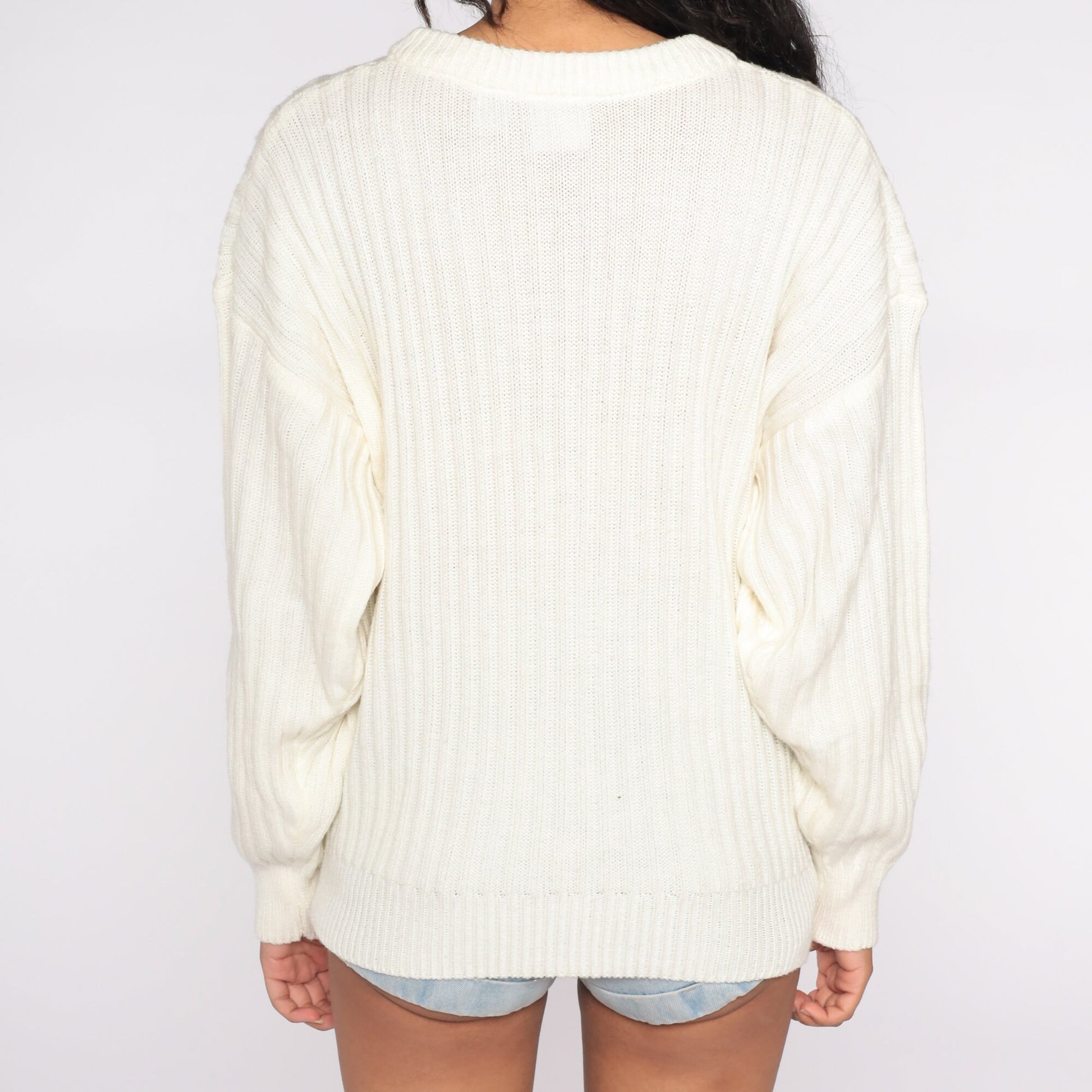 80s Ribbed Cream Knit Crewneck Sweater Men's Large L