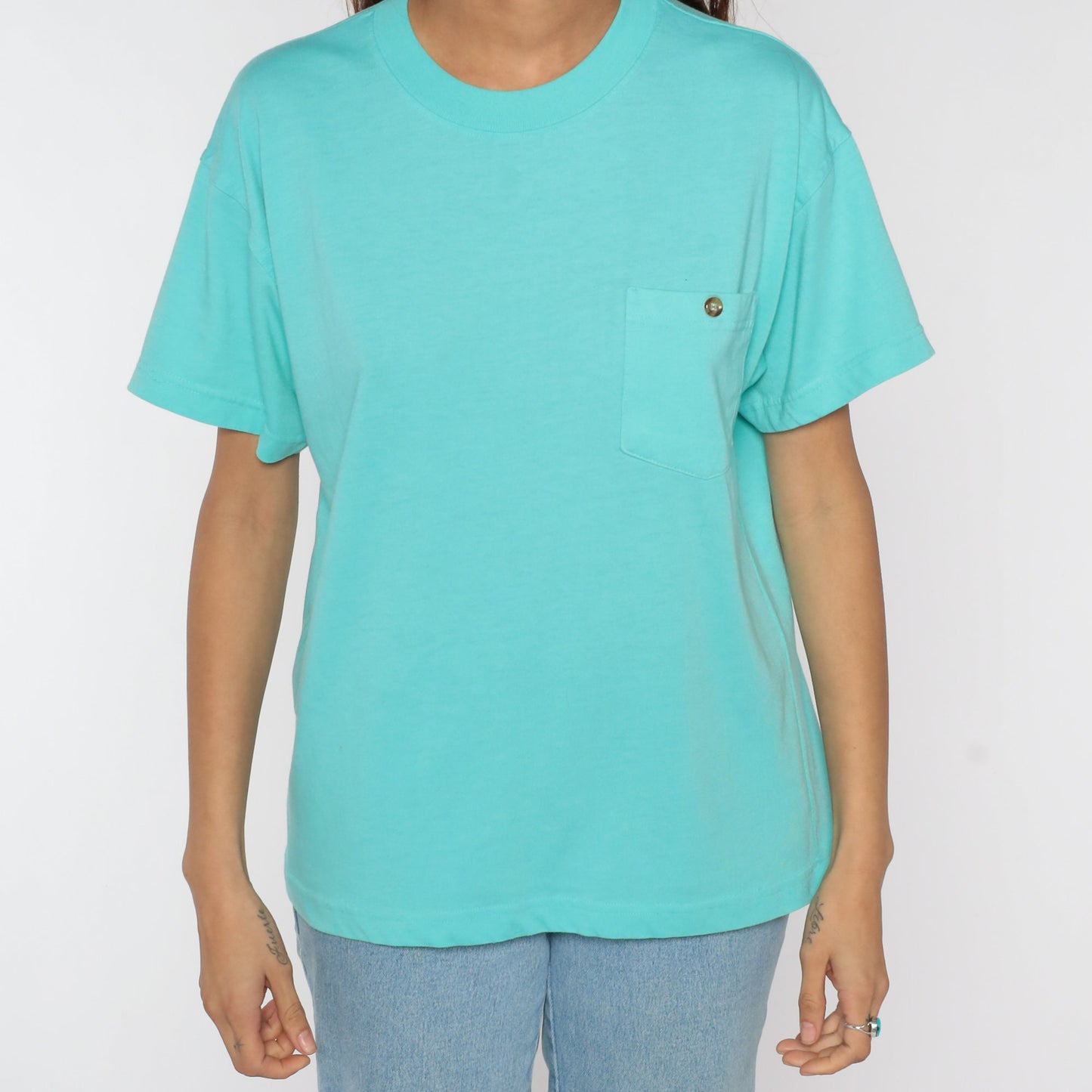 80s Turquoise Blue Pocket T-Shirt Cotton Blend Plain Tee Small S