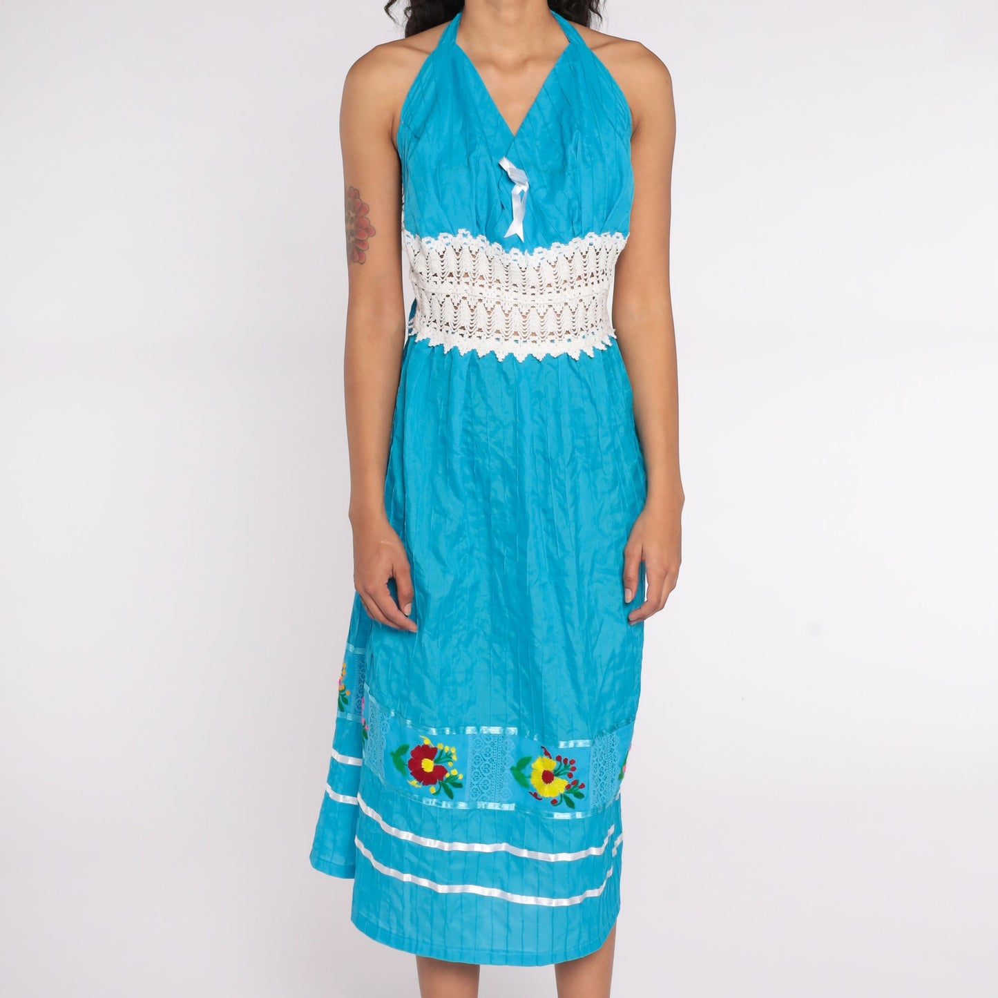 Vintage Embroidered Mexican Halter Midi Dress Blue Crochet Waist Large