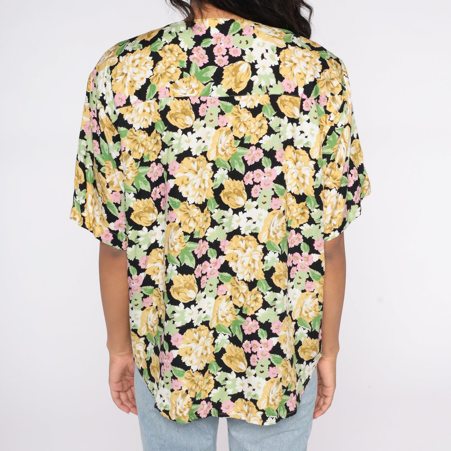 90s Black Floral Button-Up Shirt Short Sleeve Blouse Extra Large XXL