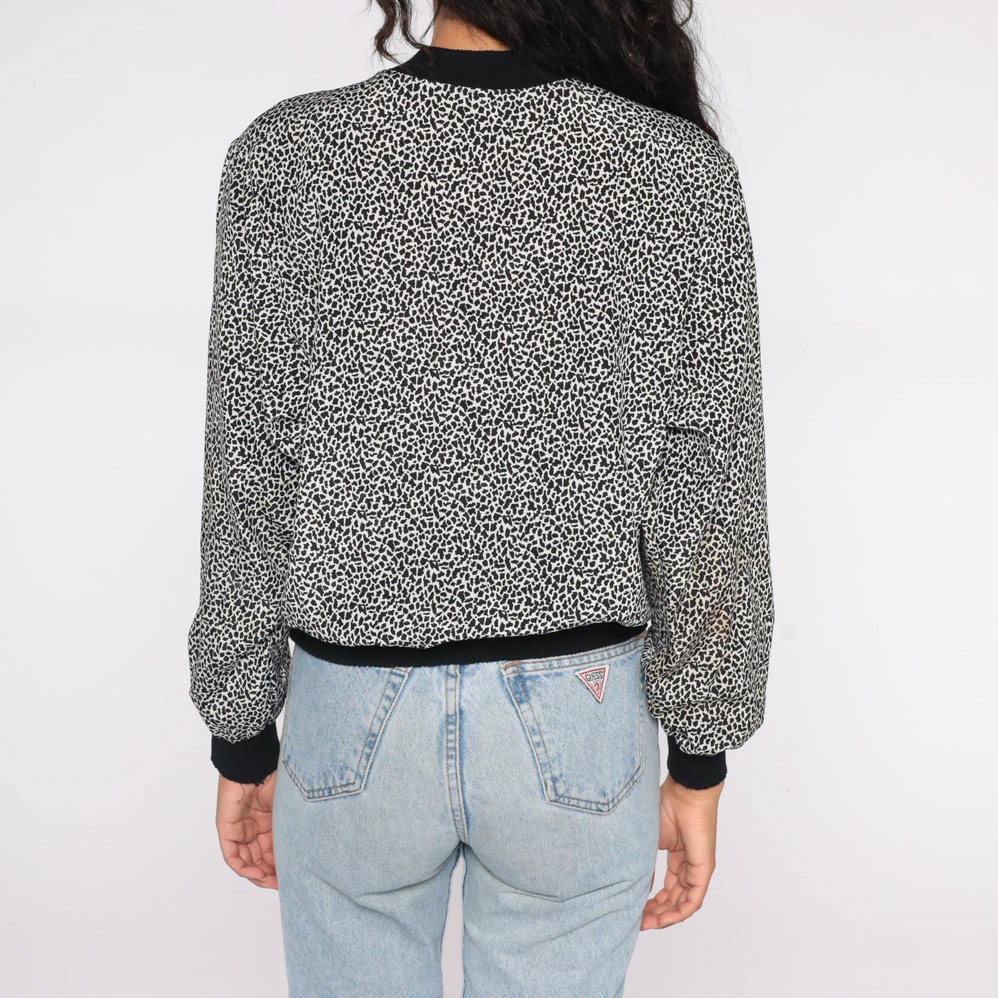 80s Leopard Print Henley Shirt Black White Animal Print Medium