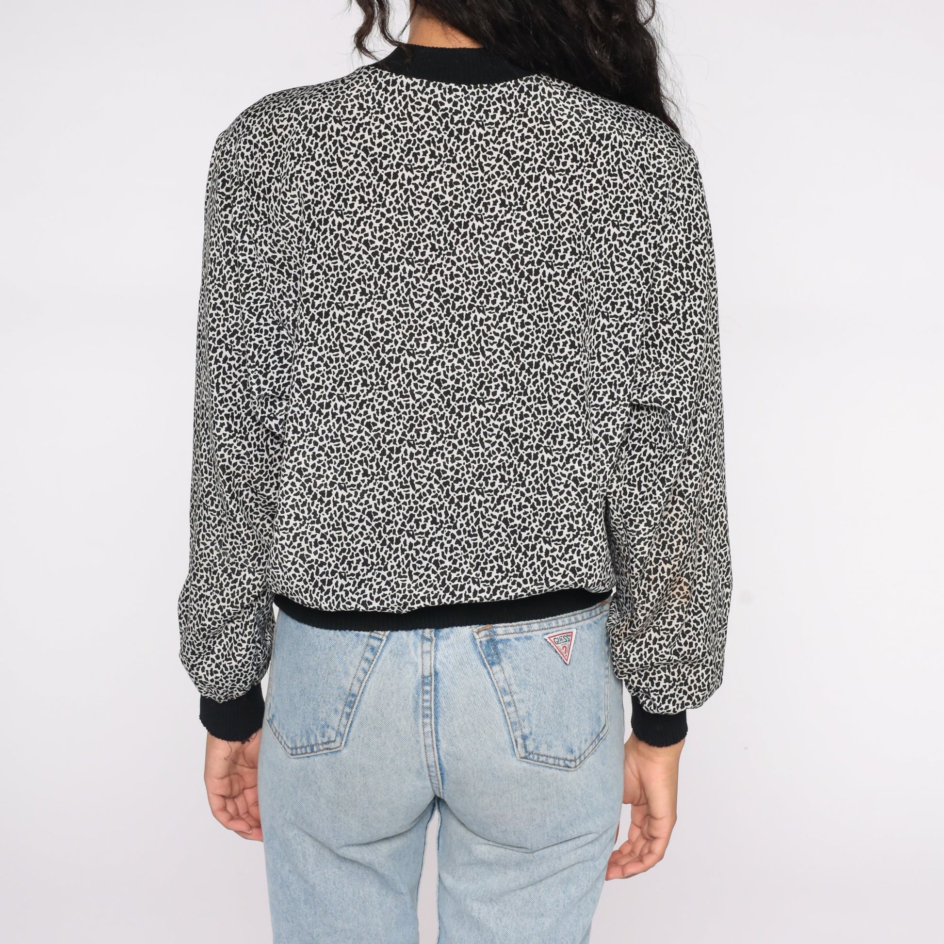 80s Leopard Print Henley Shirt Black White Animal Print Medium