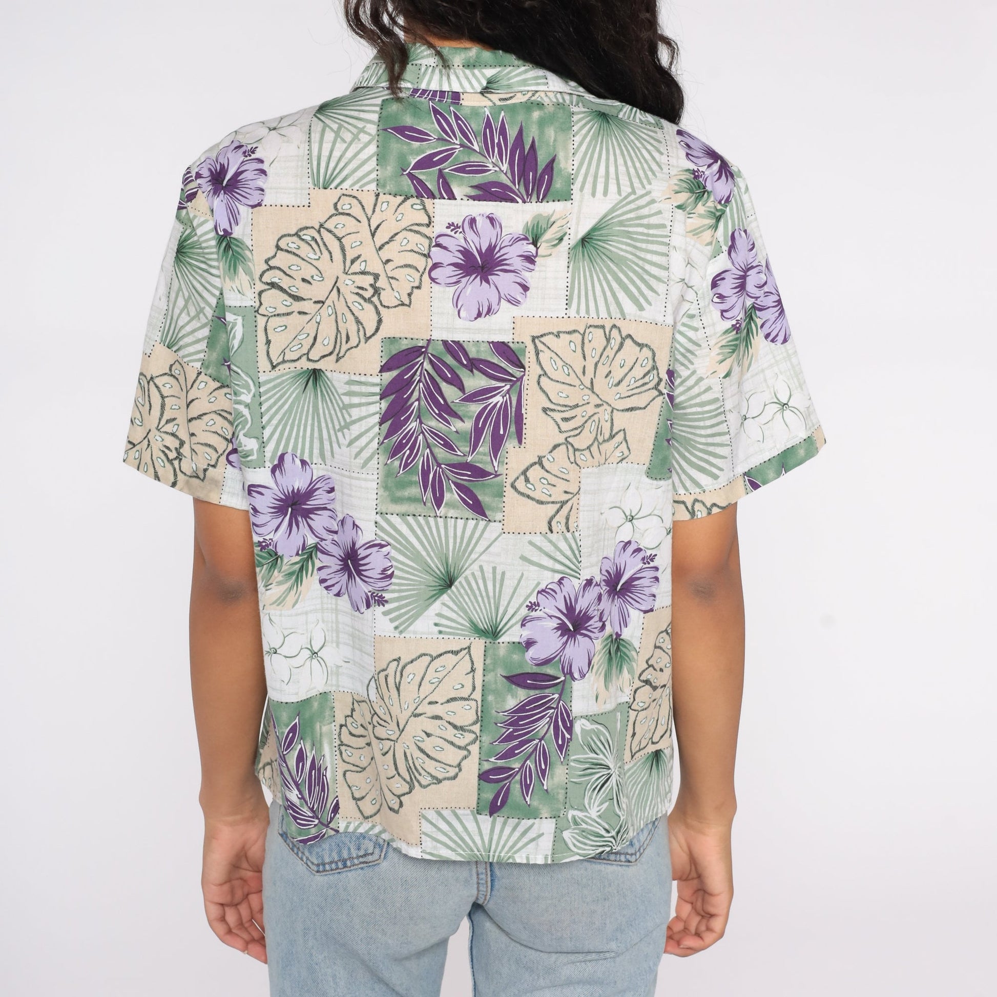 90s Tropical Leaf Print Hawaiian Button-Up Blouse Short Sleeve Extra Large XL