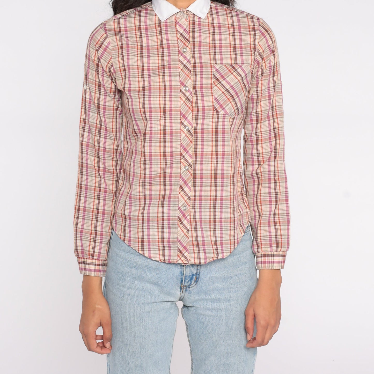 80s Western Plaid Button Up Blouse Purple Red Yellow Checkered Cowgirl Shirt Extra Small XS