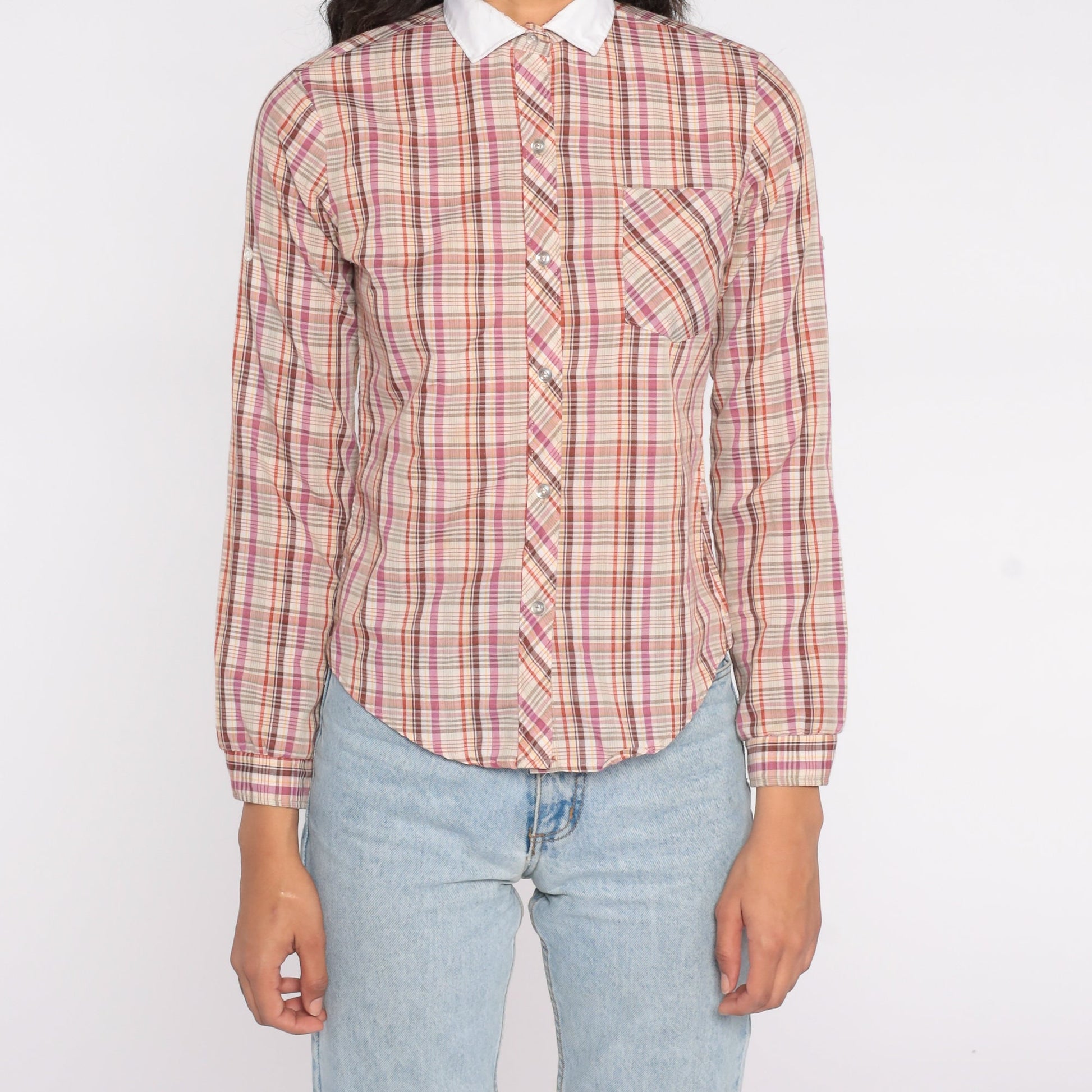 80s Western Plaid Button Up Blouse Purple Red Yellow Checkered Cowgirl Shirt Extra Small XS