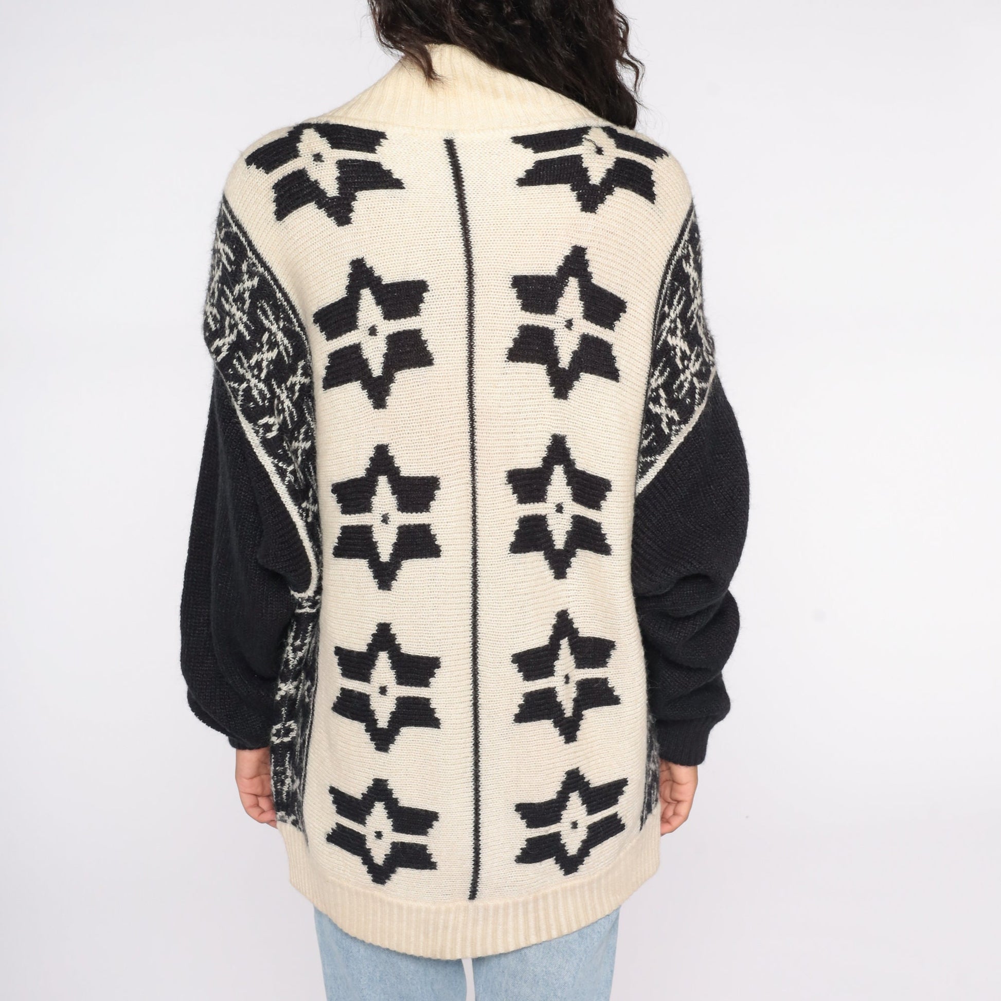 80s Fair Isle Cardigan Off-White Snowflake Knit Button-Up Large L