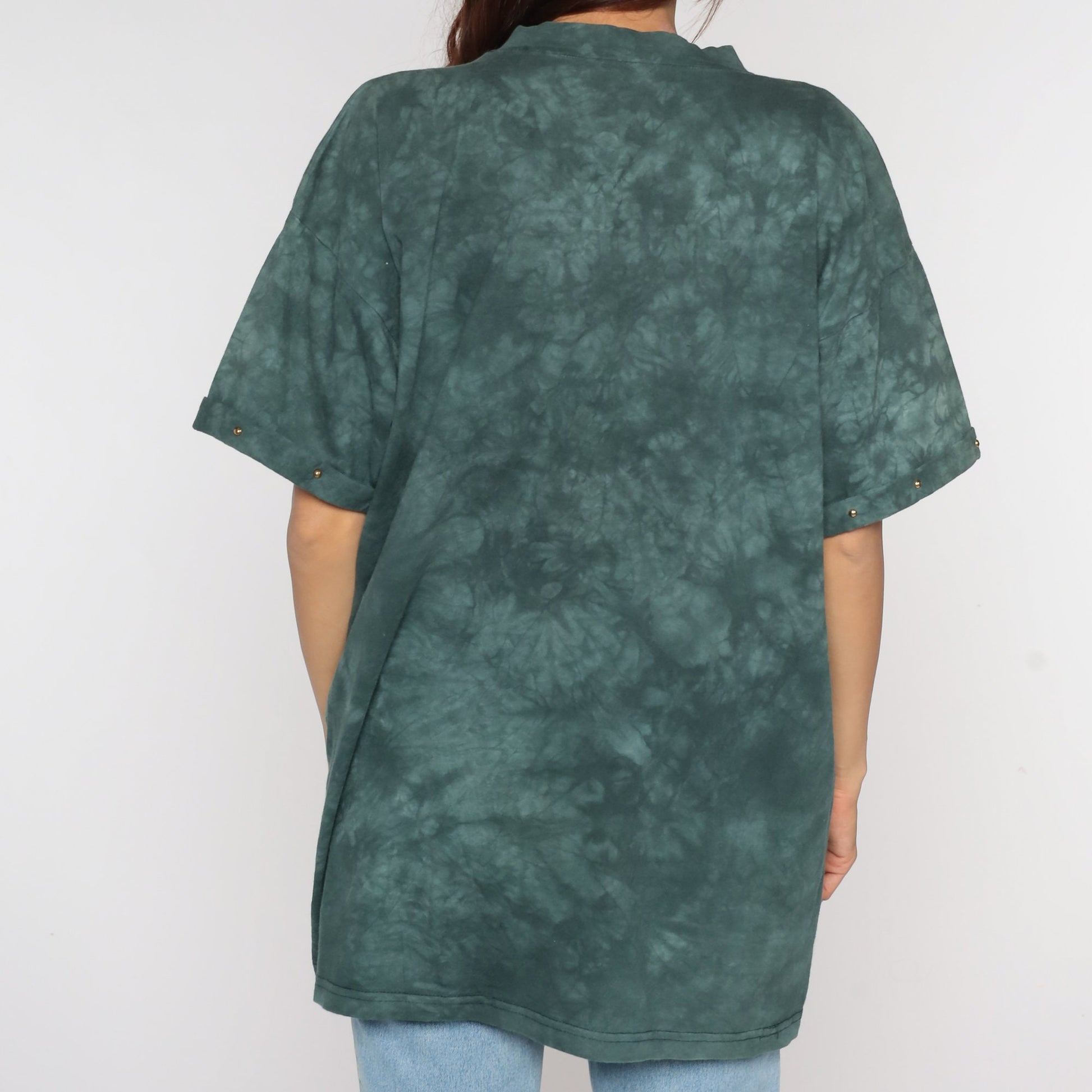 80s Tie Dye V-Neck T-Shirt Gold Studded Green Short Sleeve Extra Large