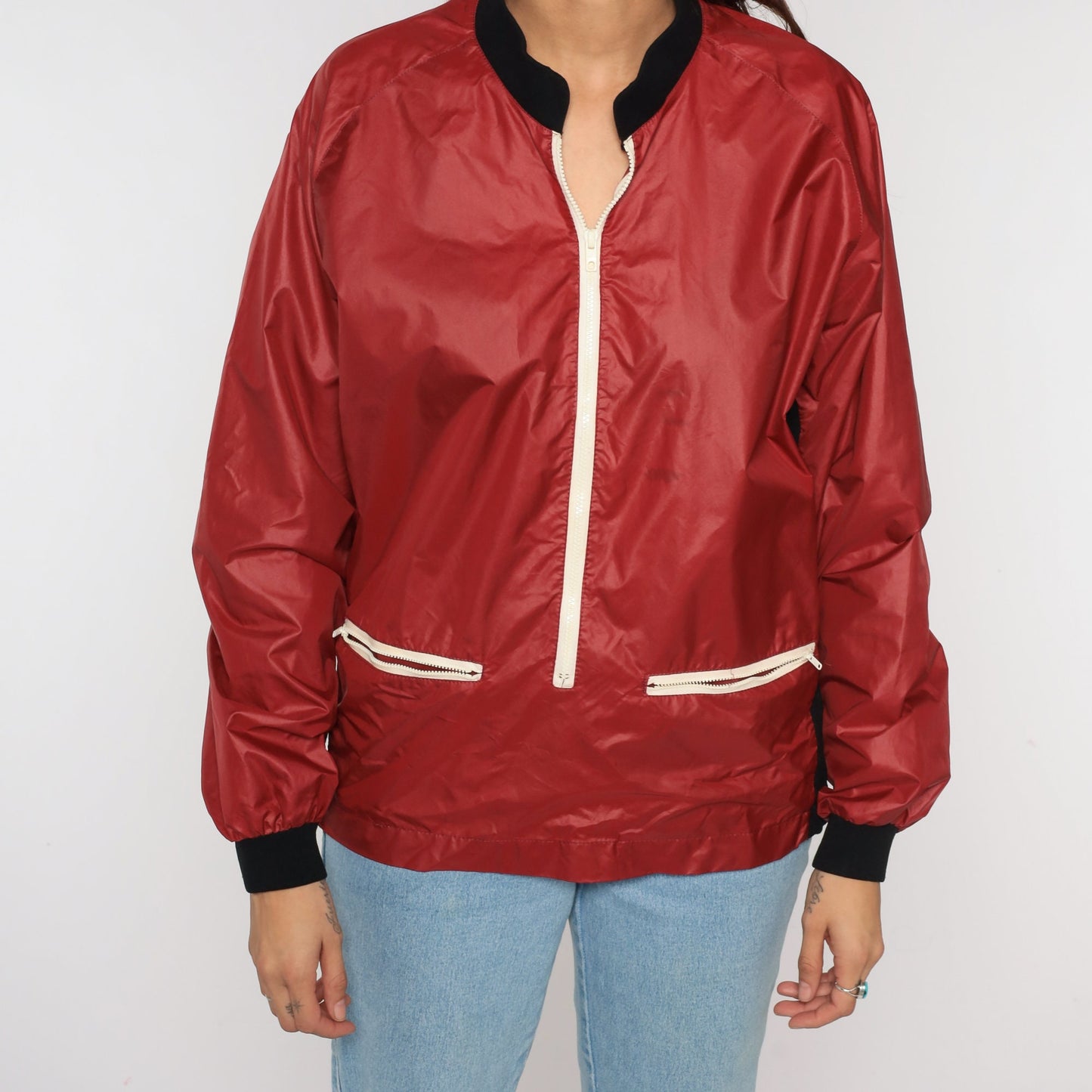 80s Red Nylon Windbreaker Jacket Raglan Sleeve Zip Bomber Large L
