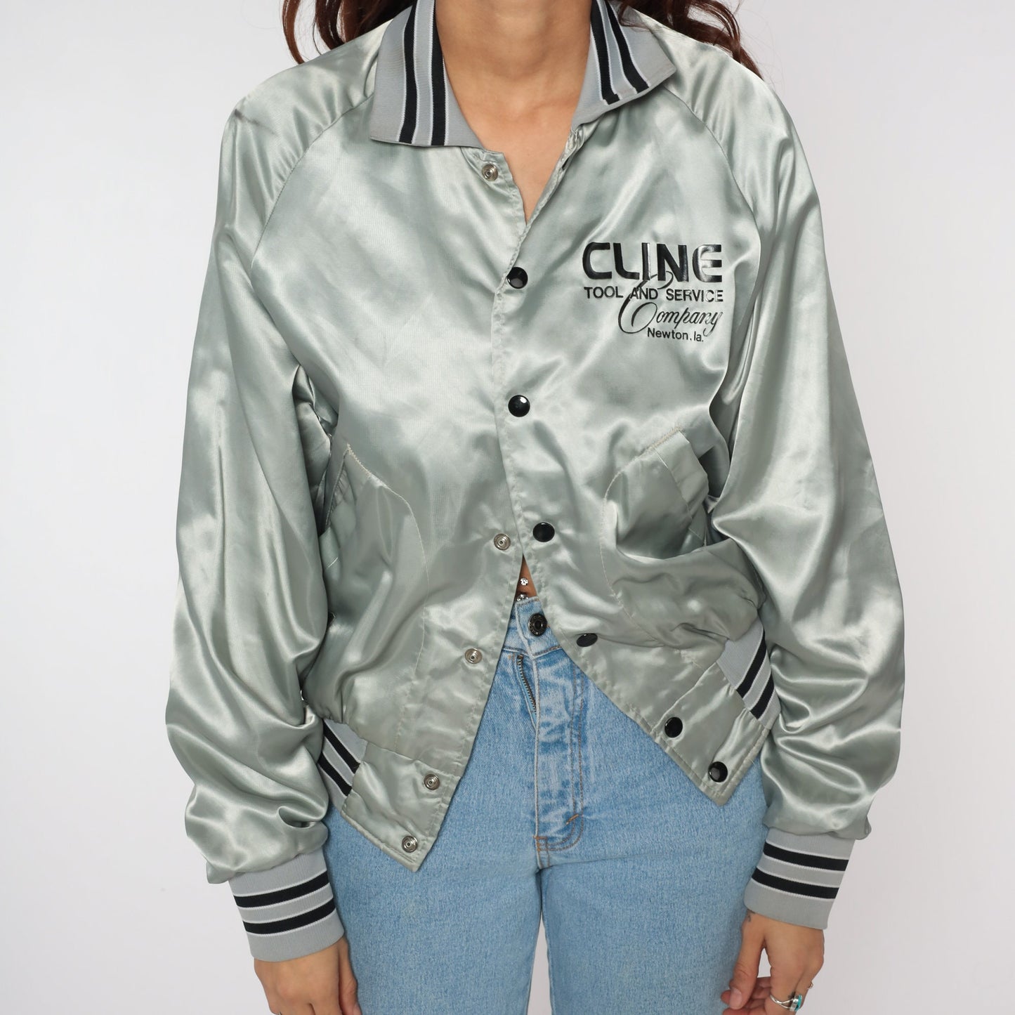 80s Cline Tool and Service Satin Bomber Jacket Silver Small
