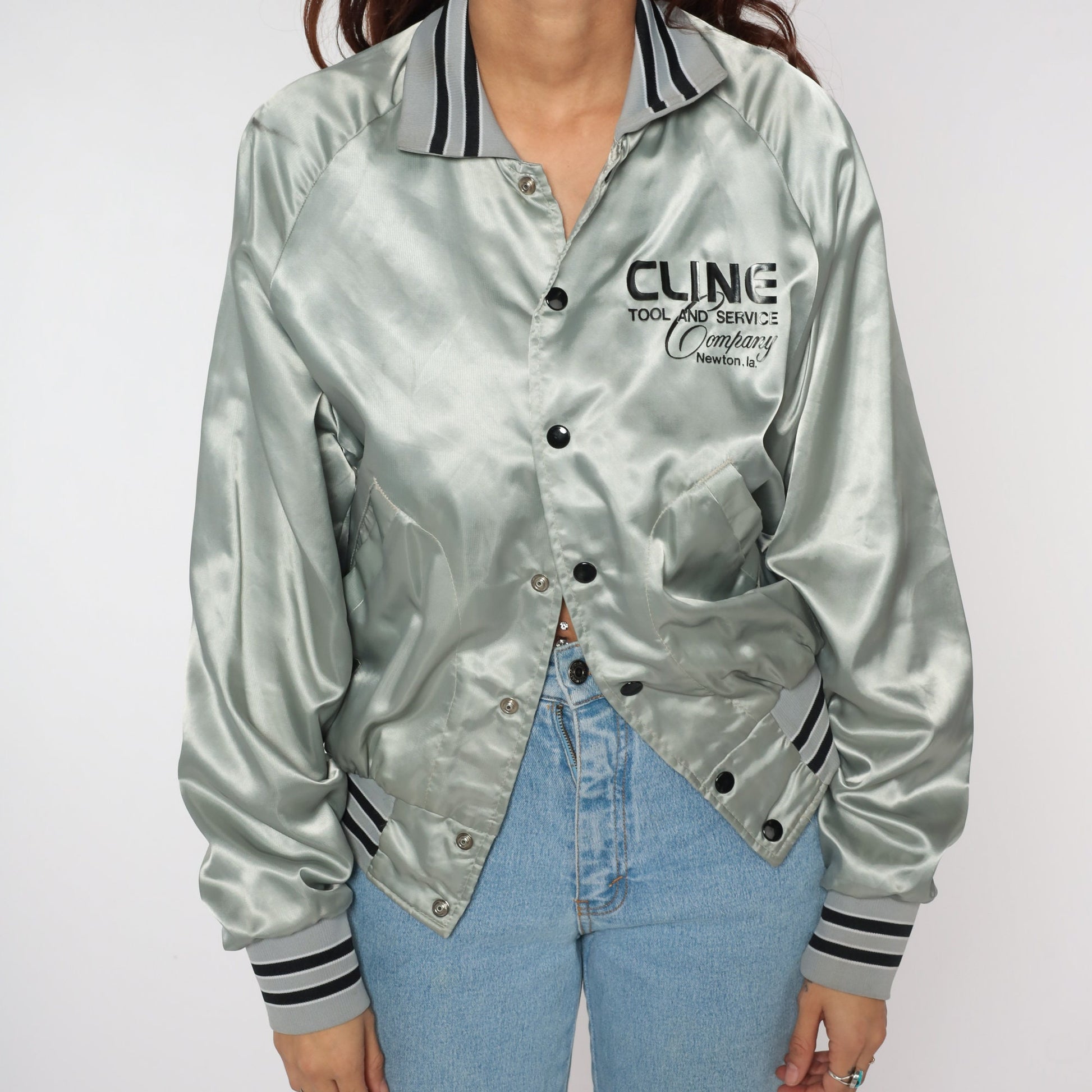 80s Cline Tool and Service Satin Bomber Jacket Silver Small