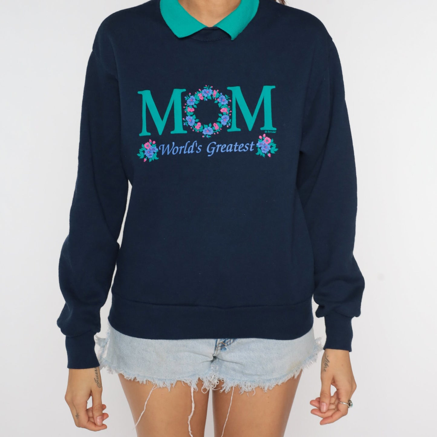 90s World's Greatest Mom Sweatshirt Navy Floral Graphic Crewneck Extra Small
