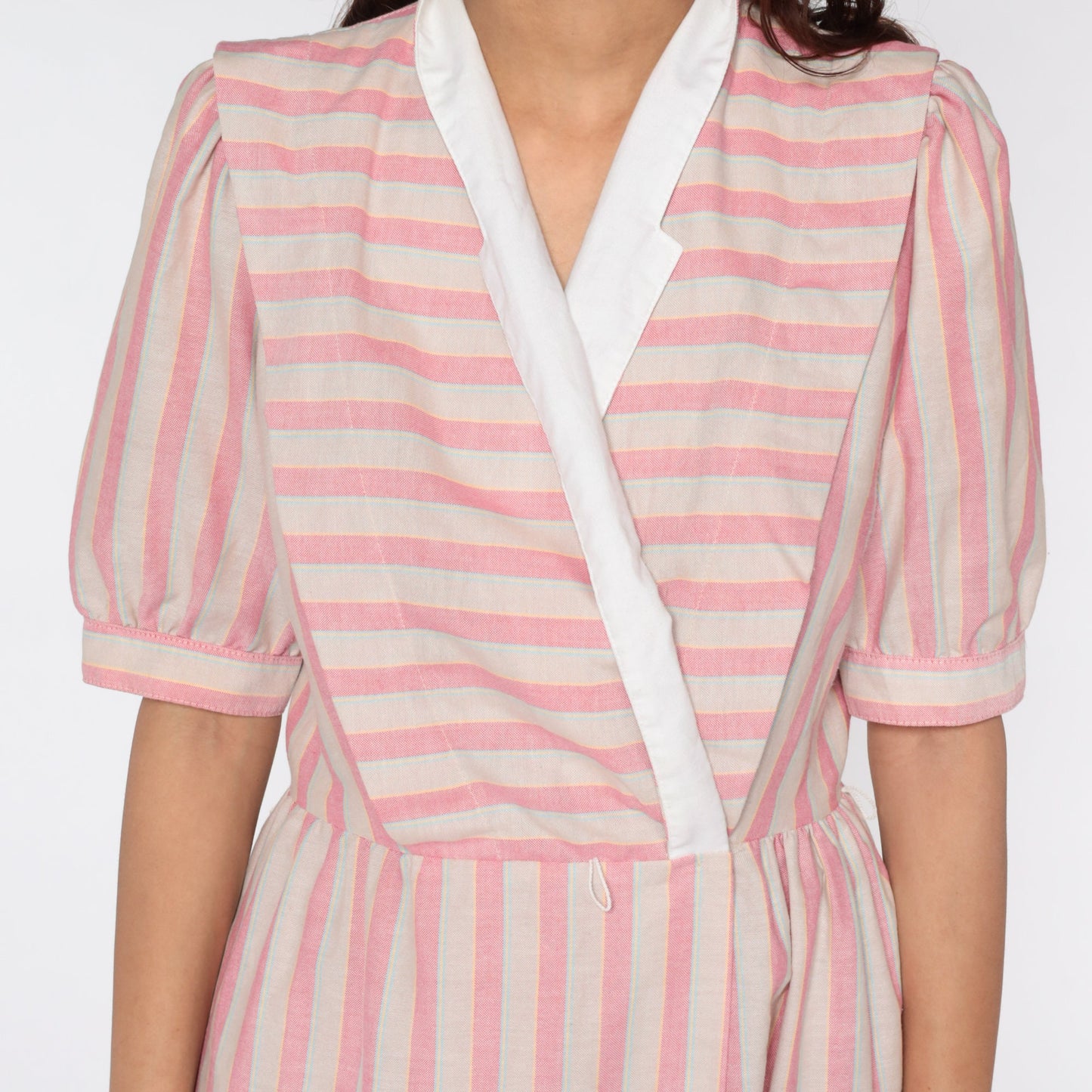 80s Pink Striped Midi Wrap Dress Puff Sleeve V-Neck Medium