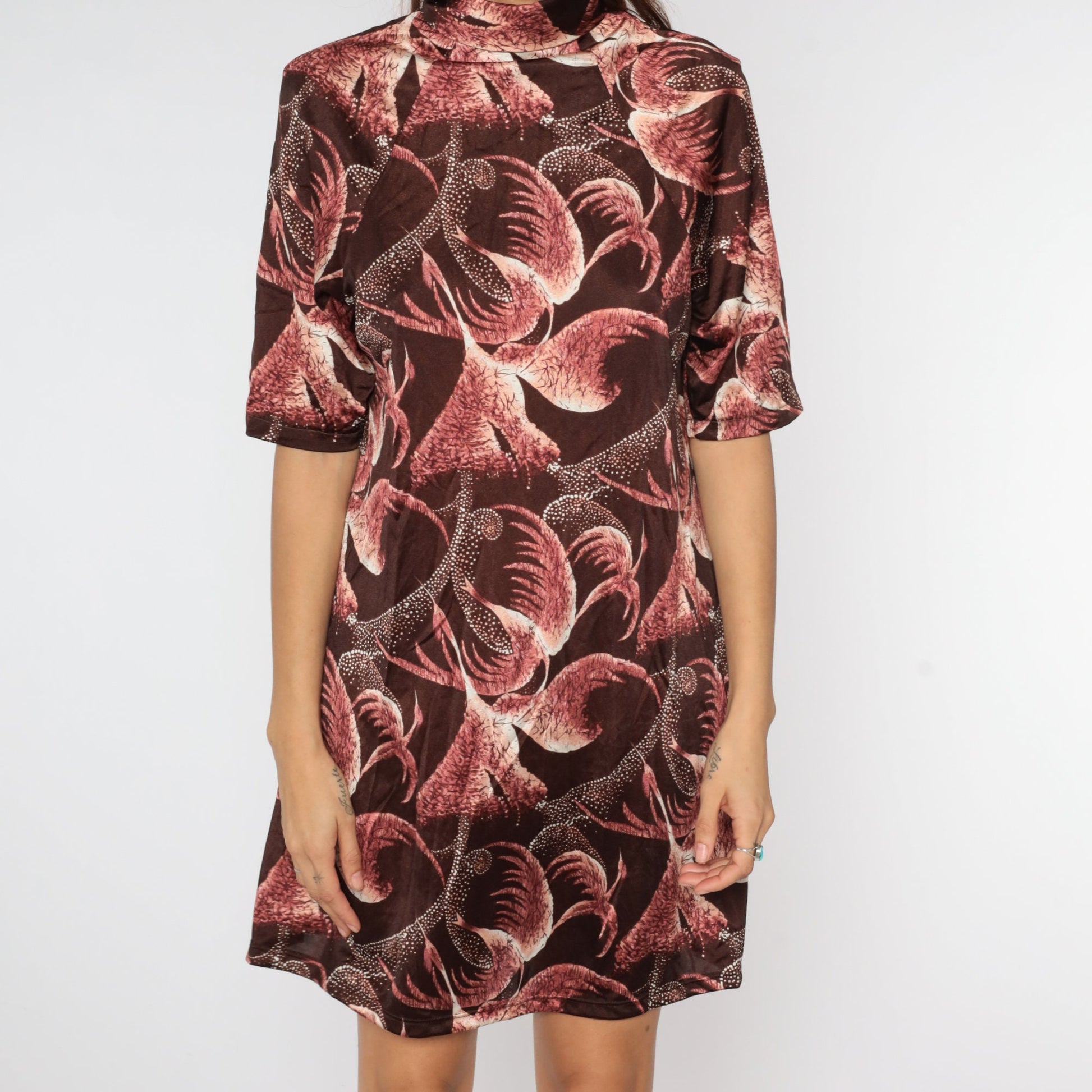 60s Mod Shift Dress Brown Abstract Bird Print Mock Neck Mini Medium