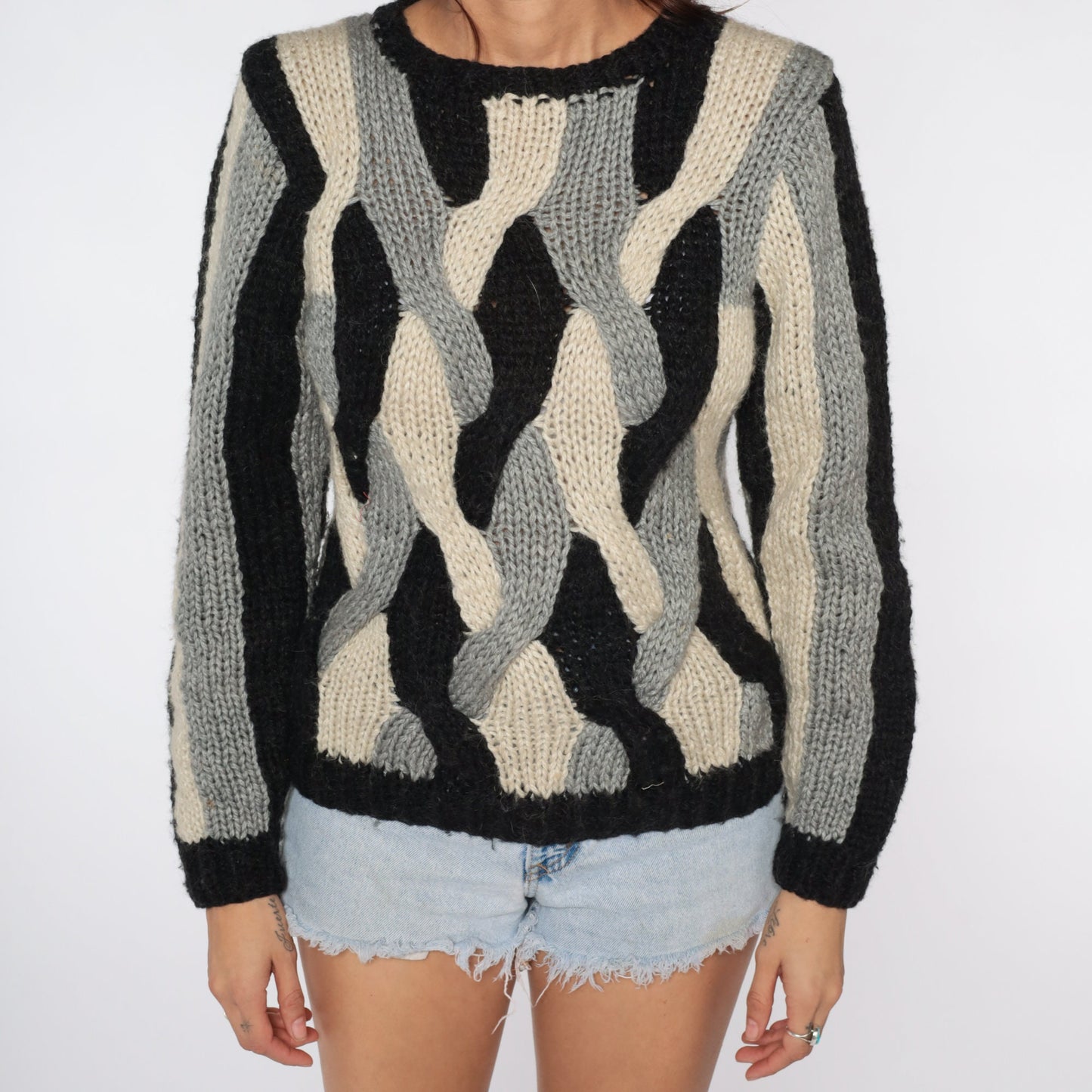 80s Striped Knit Sweater Black Cream Woven Pullover Small